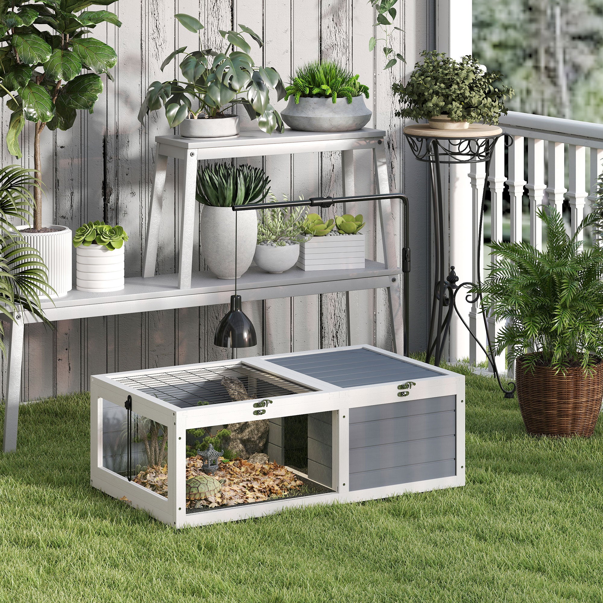 pawhut-maison-tortue-en-bois-habitat-ensoleill-avec-support-lampe-chauffante-gri image 4