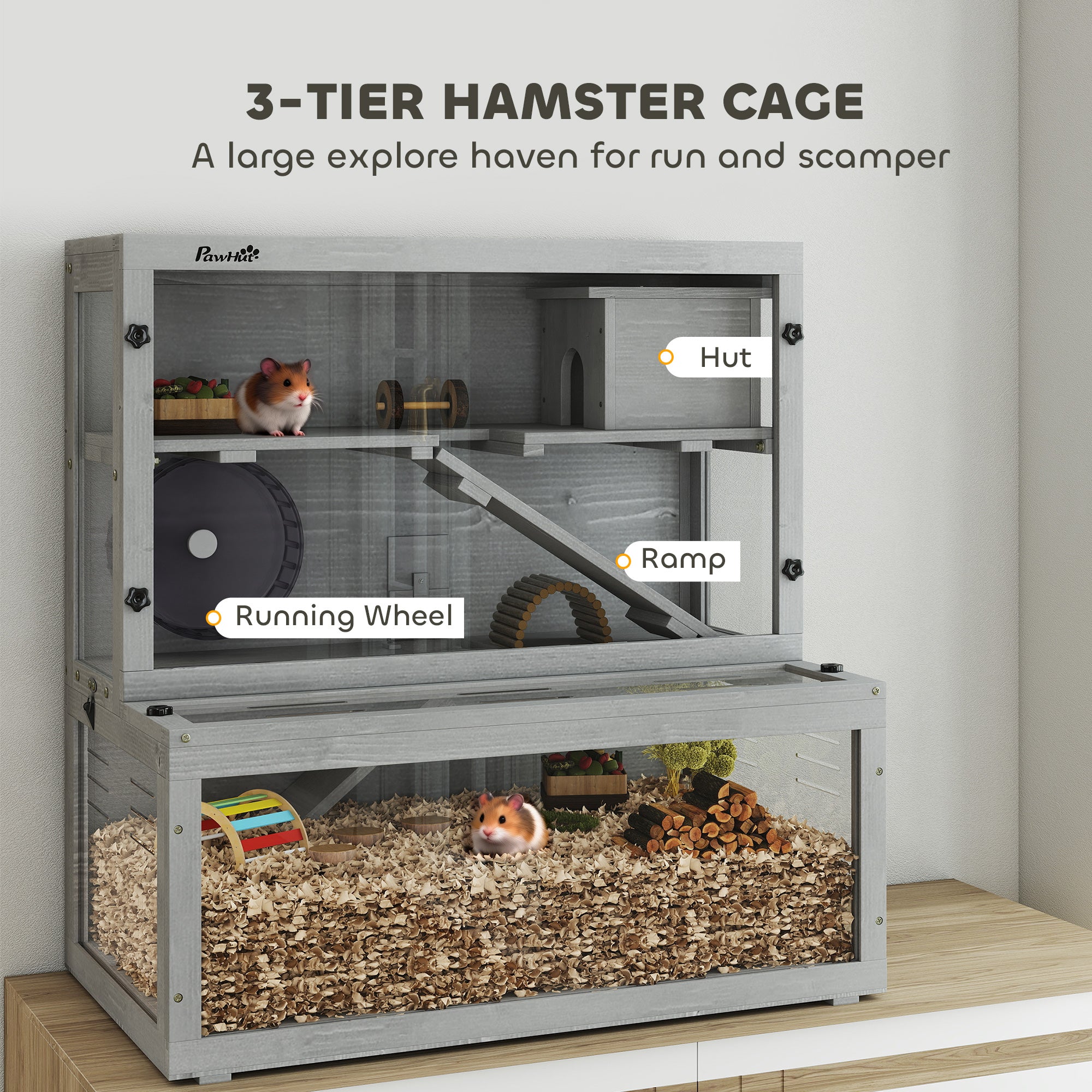 pawhut-cage-hamster-3-niveaux-bois-de-sapin-panneau-transparent-gris image 6