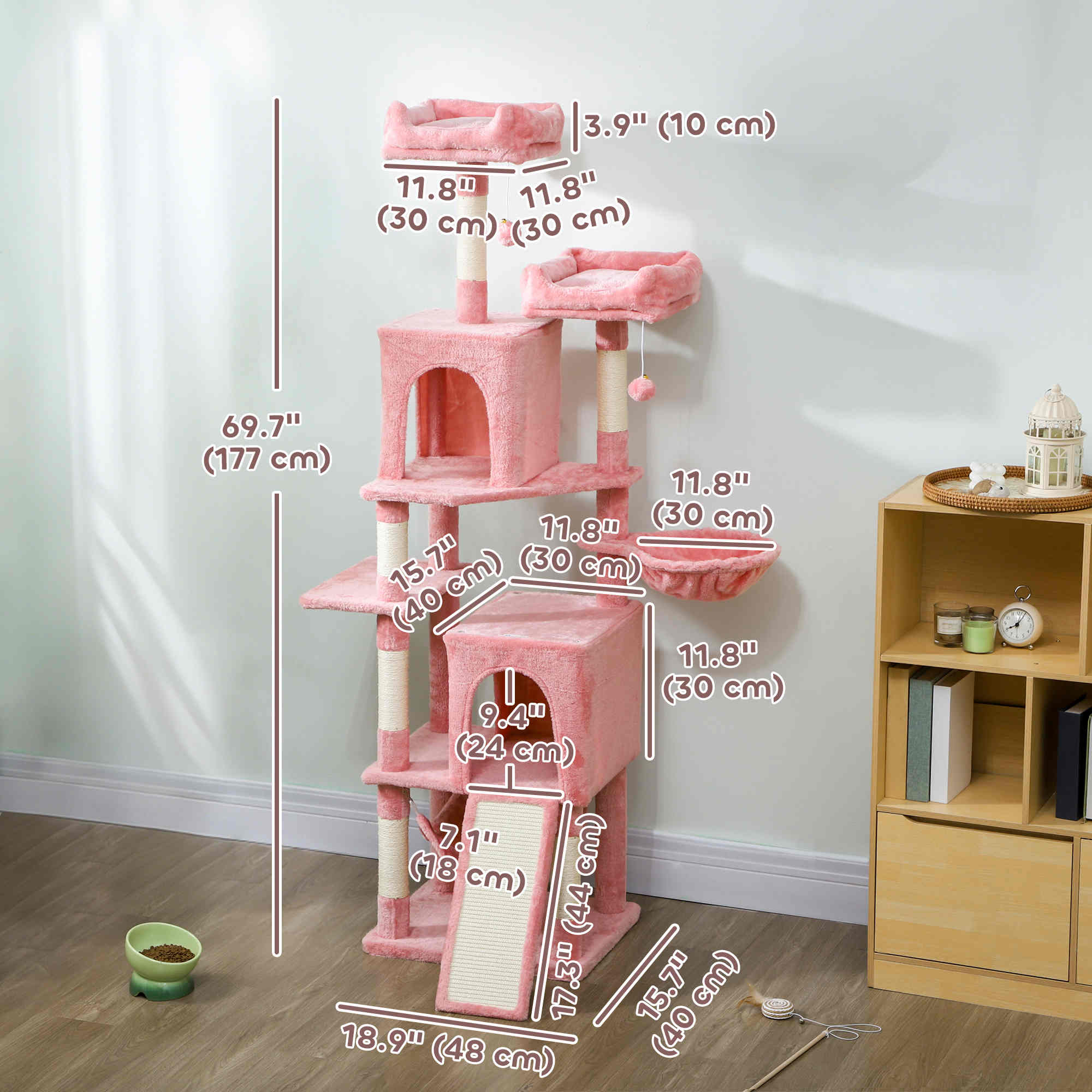 arbre-chat-pawhut-177-cm-avec-2-niches-2-perchoirs-et-hamac-rose image 5