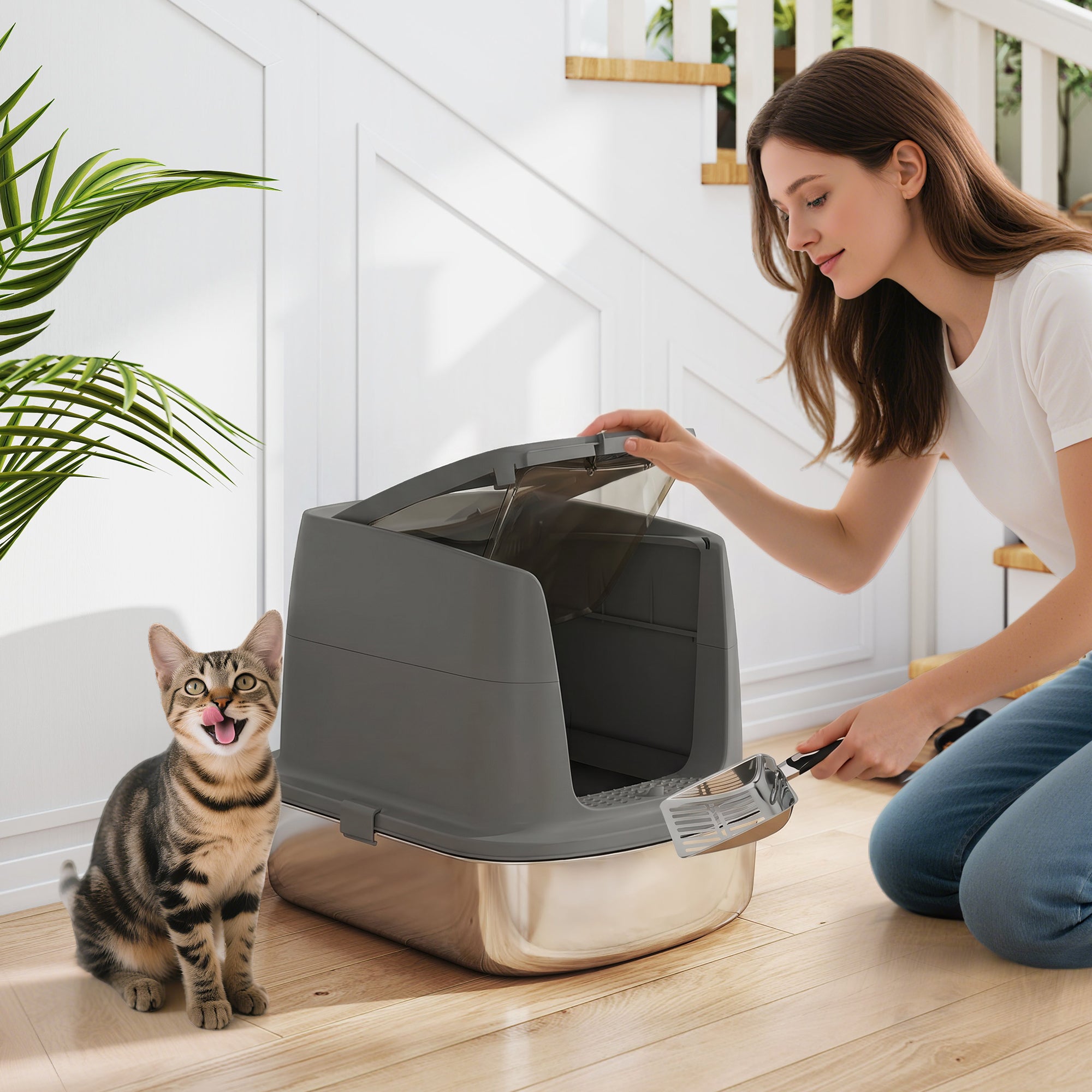 pawhut-bac-liti-re-chat-inox-avec-capot-et-abattant-rabattable-gris-fonc image 3
