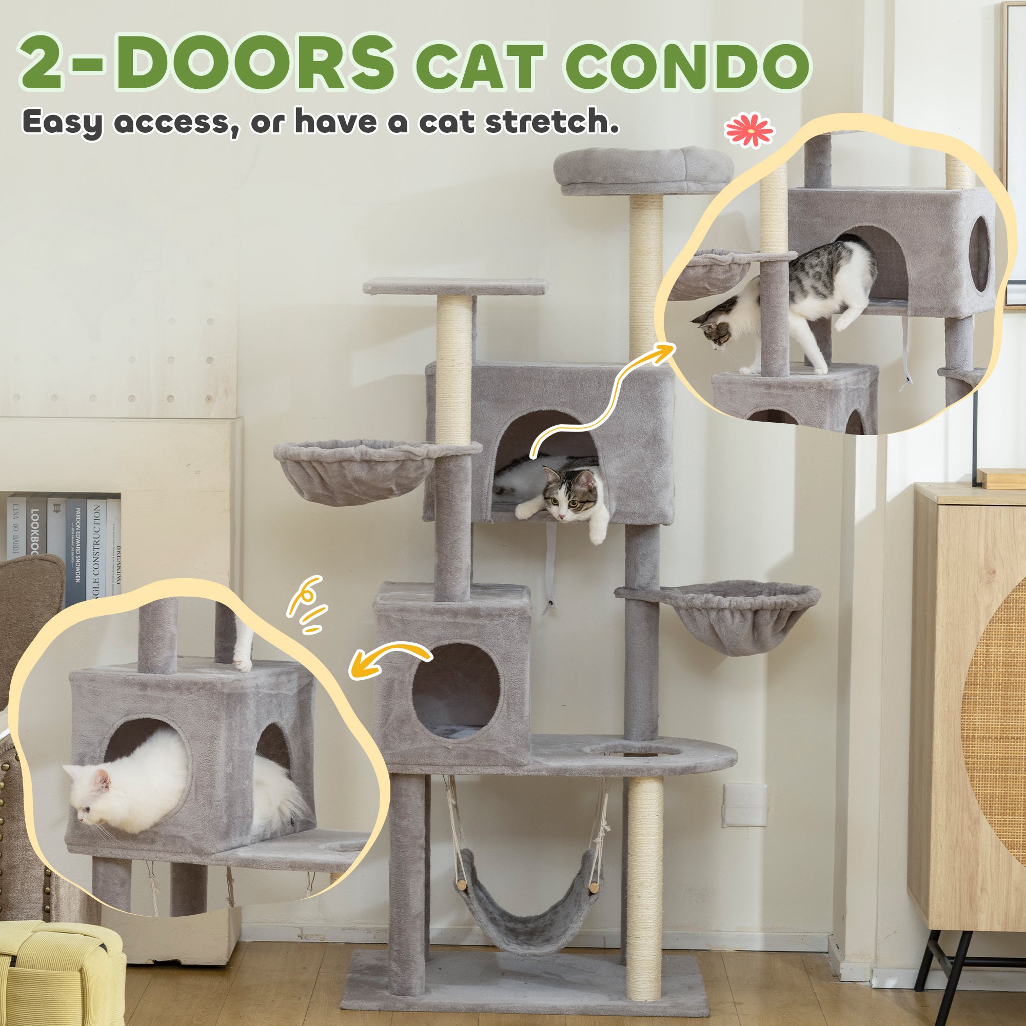 pawhut-arbre-chat-66-pouces-avec-2-niches-3-hamacs-et-perchoir-sup-rieur-gris-cl image 7