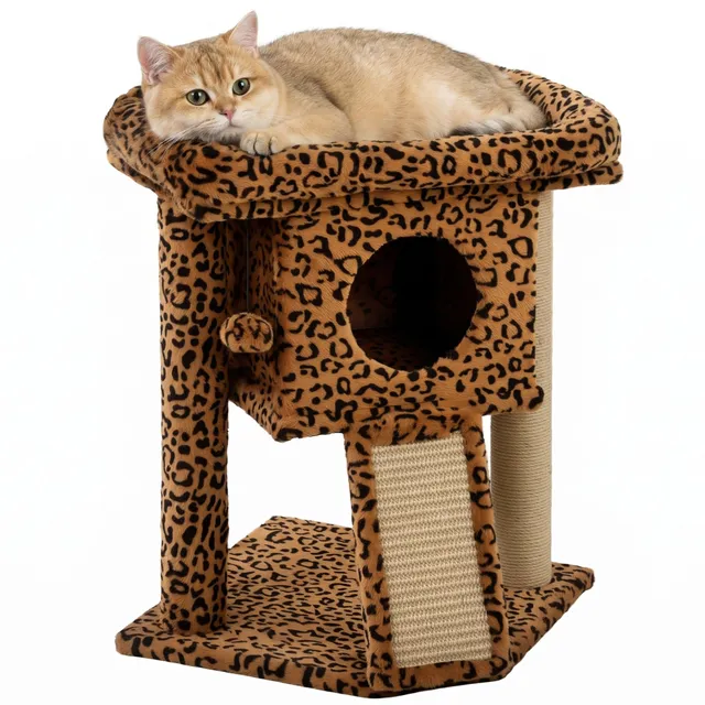 pawhut-petit-arbre-chat-l-opard-avec-perchoir-niche-et-griffoir image 1