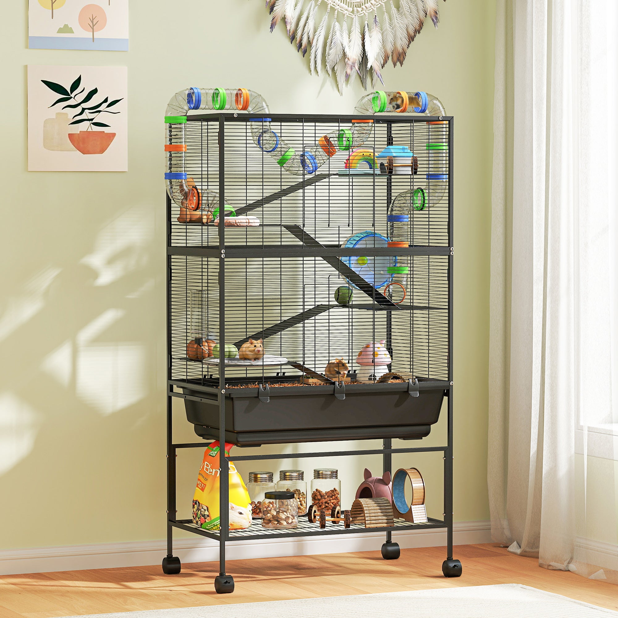 pawhut-cage-hamster-gerbille-5-niveaux-color-e-avec-rangement-et-roulettes image 3