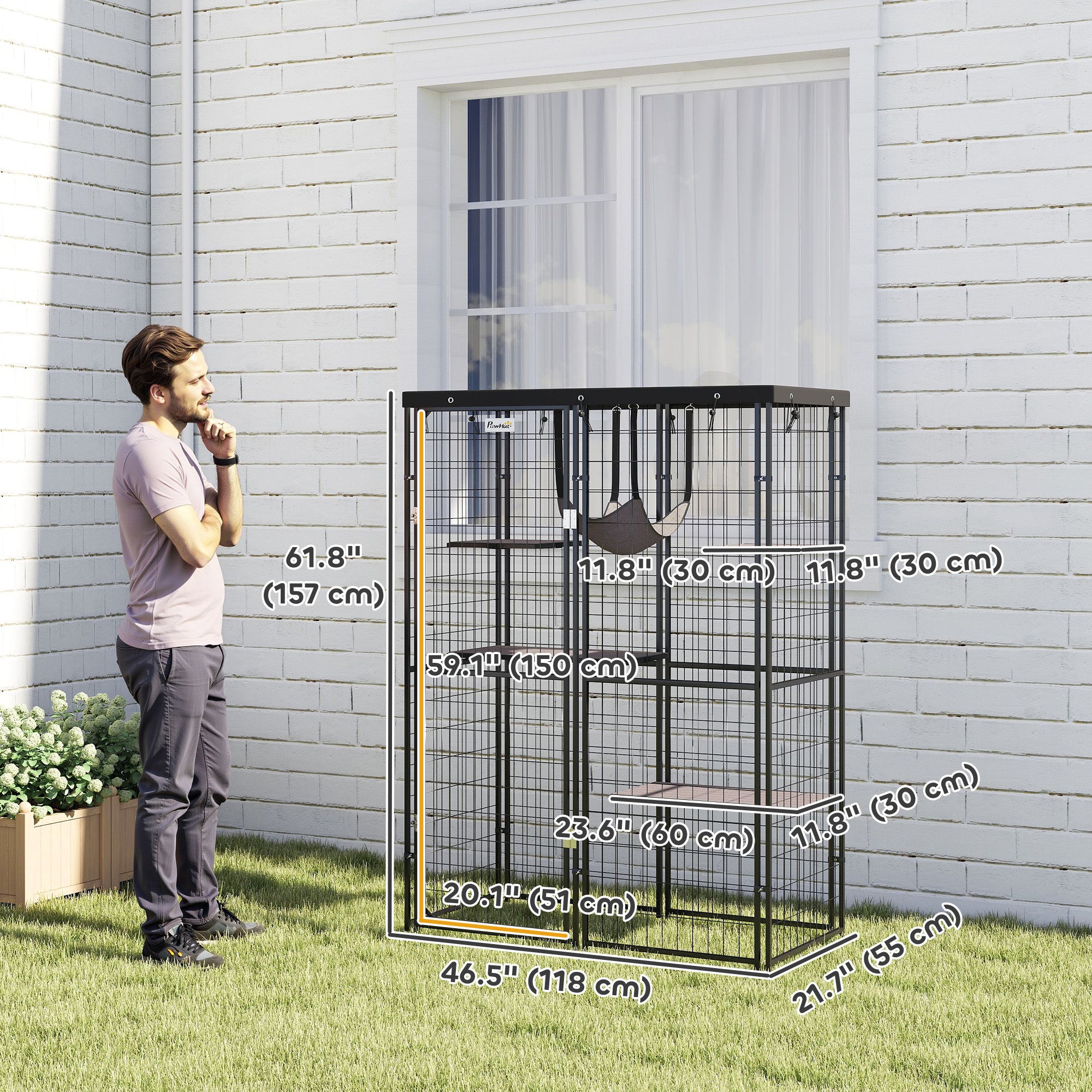 pawhut-catio-ext-rieur-m-tal-noir-avec-4-plateformes-hamac-et-b-che image 5