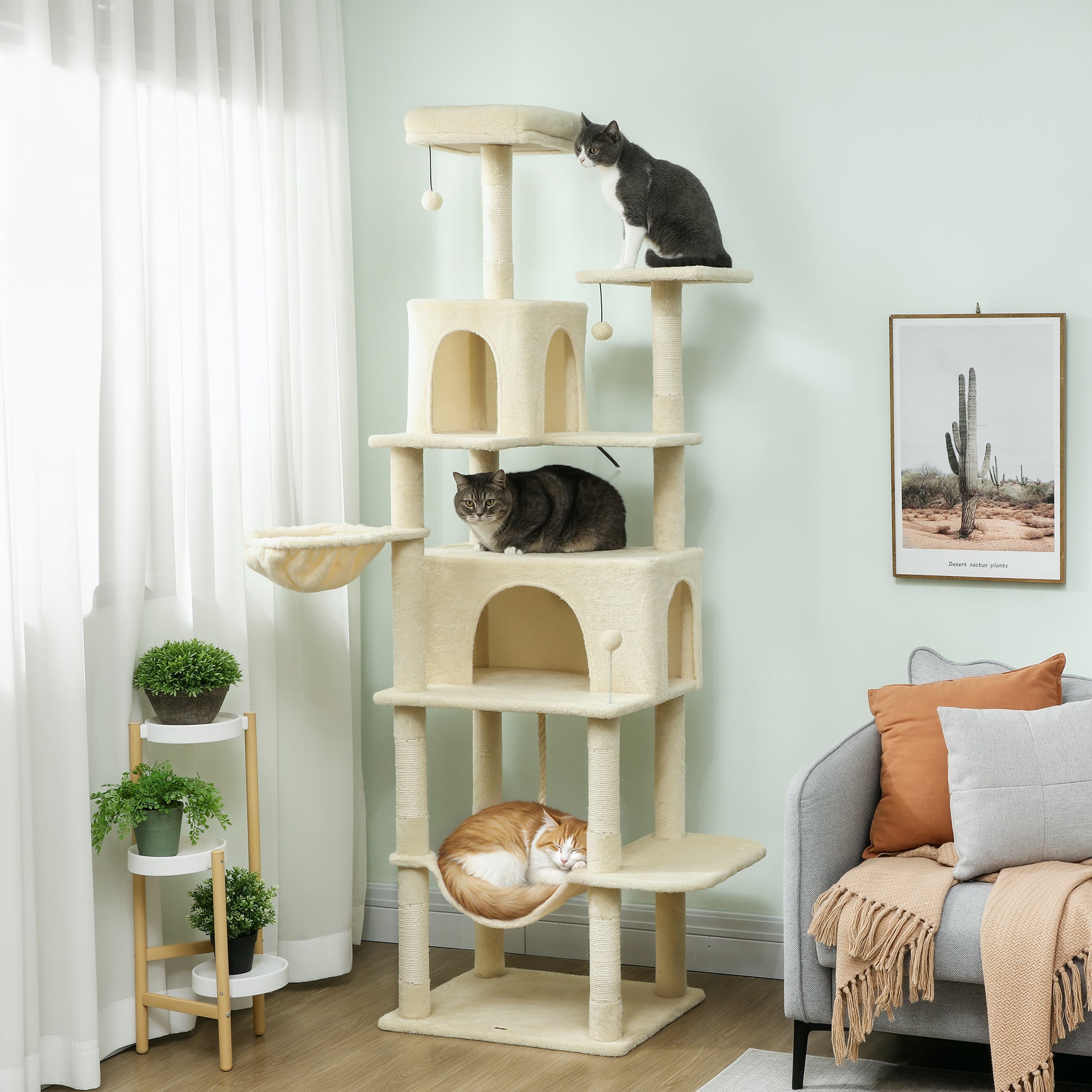 pawhut-grand-arbre-chat-202-cm-avec-6-griffoirs-2-niches-et-2-hamacs-beige image 3