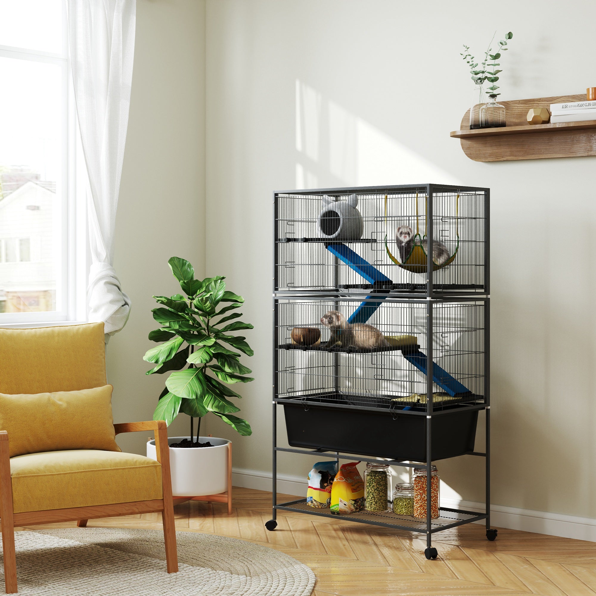 pawhut-cage-5-niveaux-pour-petits-animaux-avec-hamac-et-roulettes-gris-anthracit image 3
