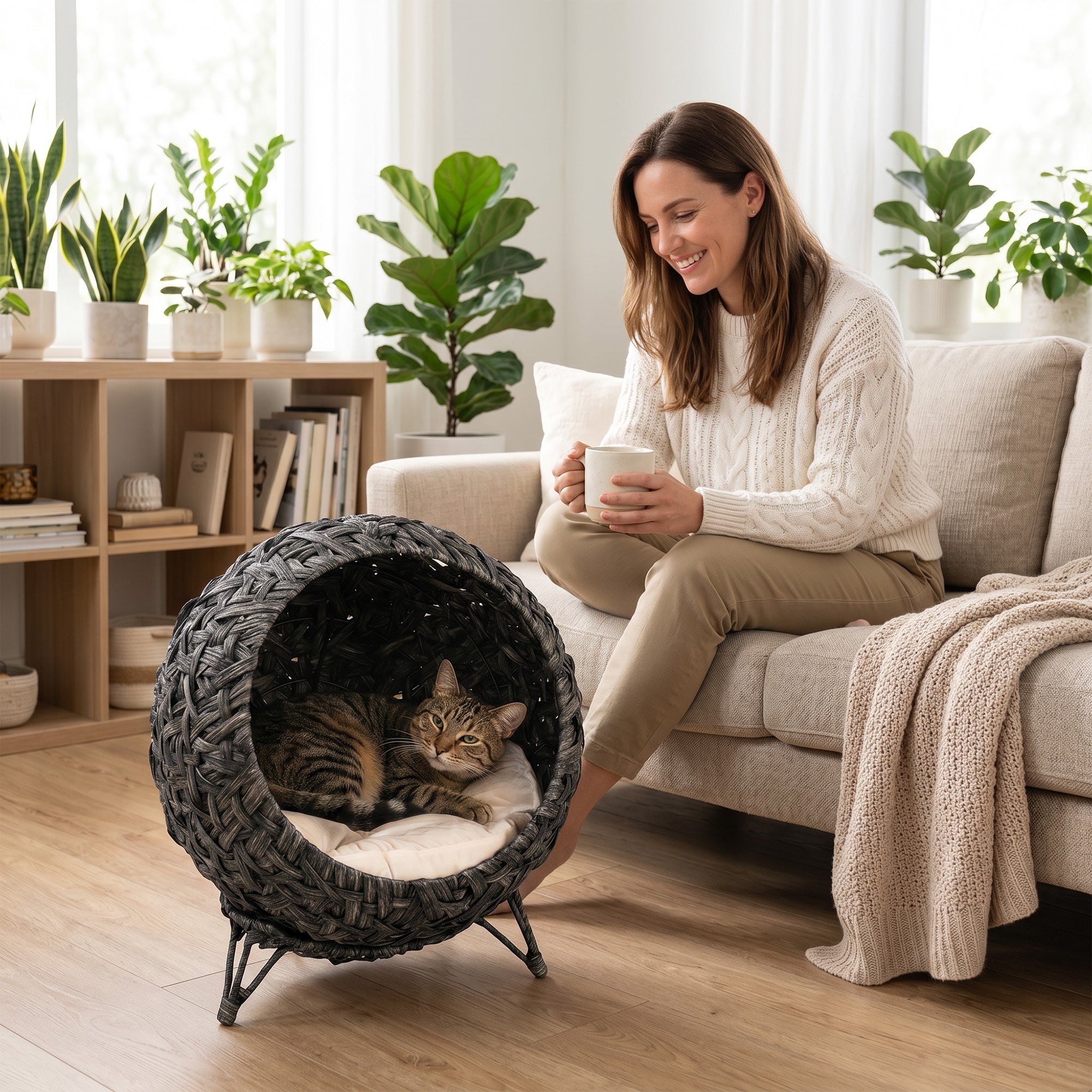 pawhut-lit-chat-sur-lev-rotin-tress-gris-avec-coussin-et-base-m-tal image 3