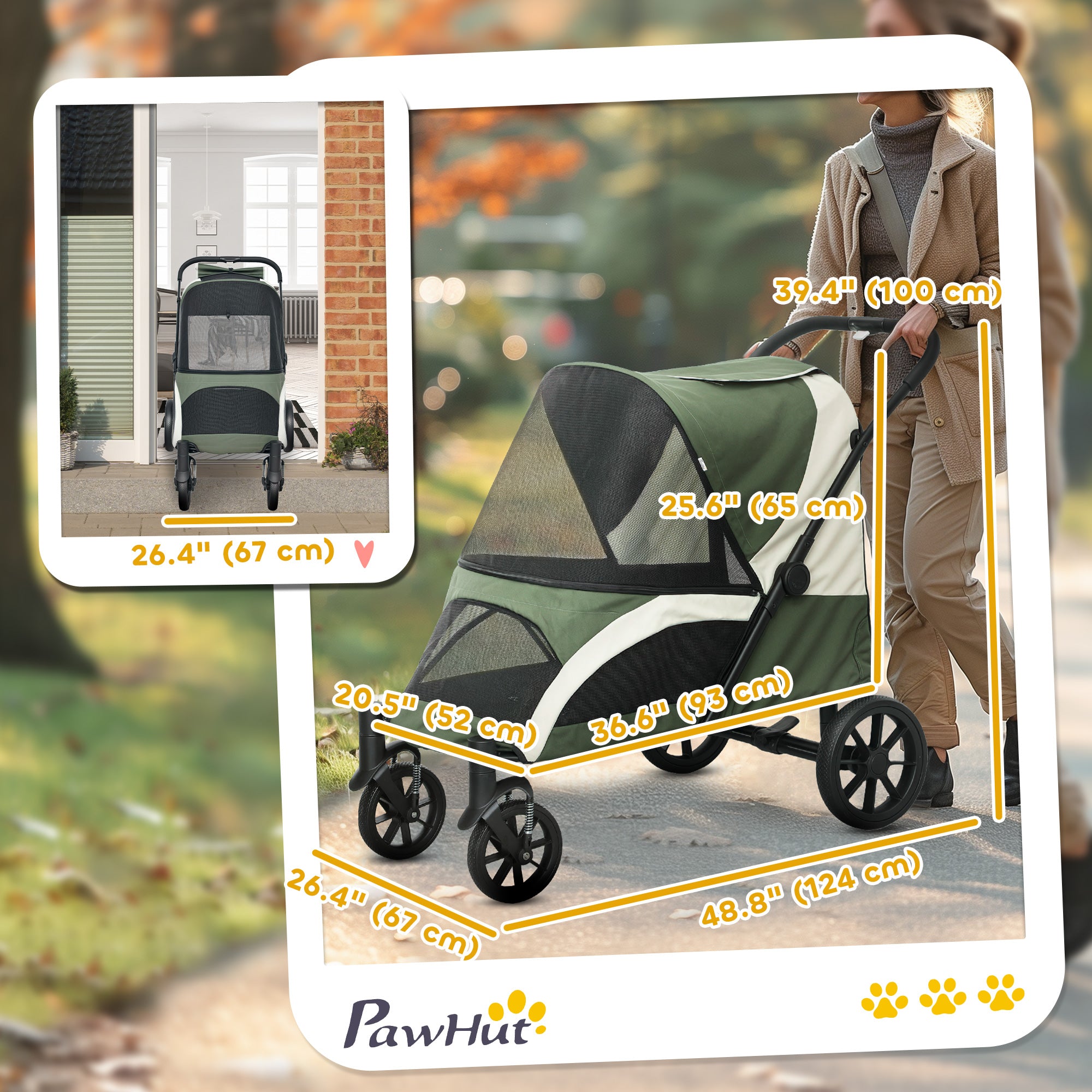 pawhut-poussette-pour-grand-chien-roues-amortissantes-pliable-en-1-clic-verte image 5