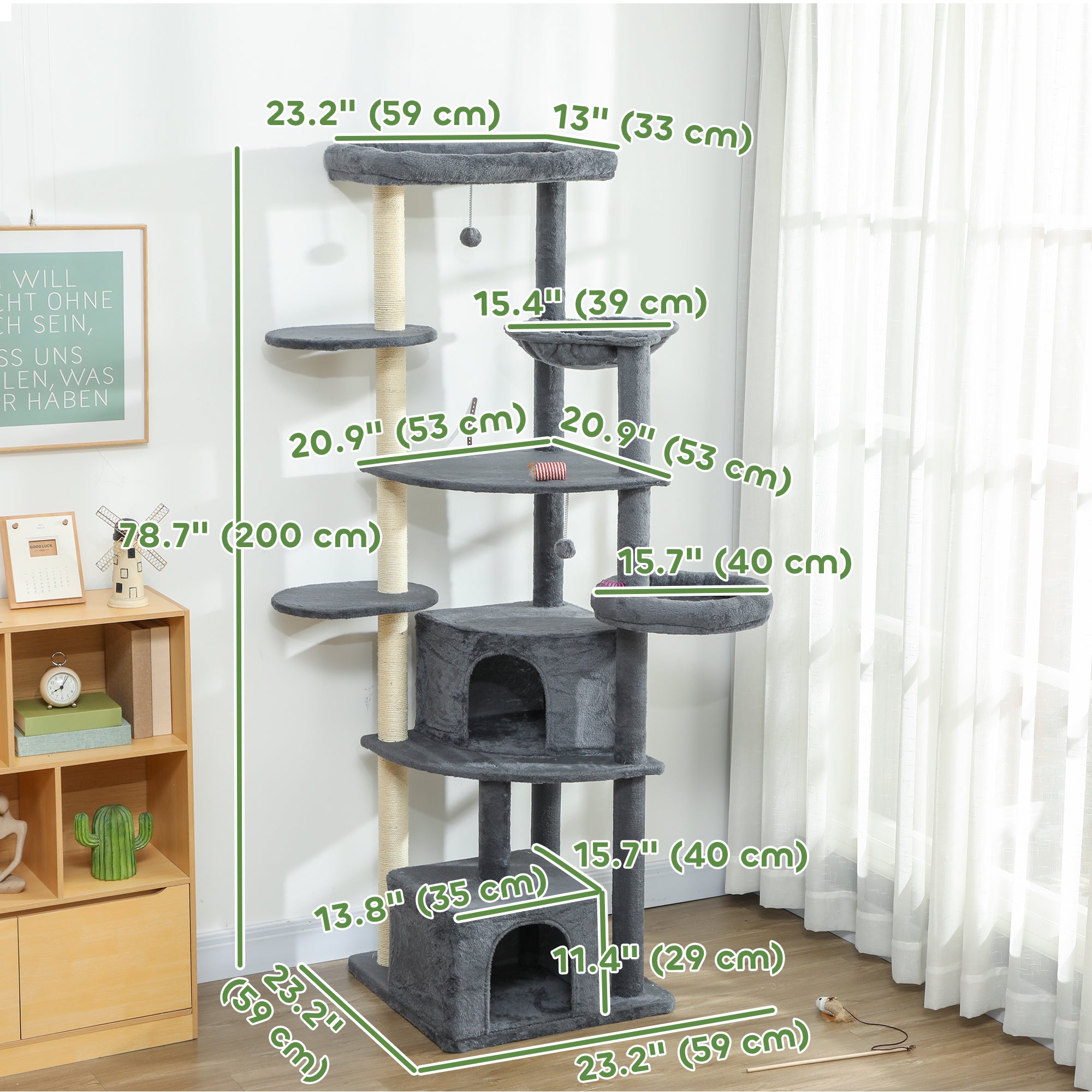 pawhut-arbre-chat-g-ant-79-avec-2-niches-2-perchoirs-et-hamac-gris-fonc image 5