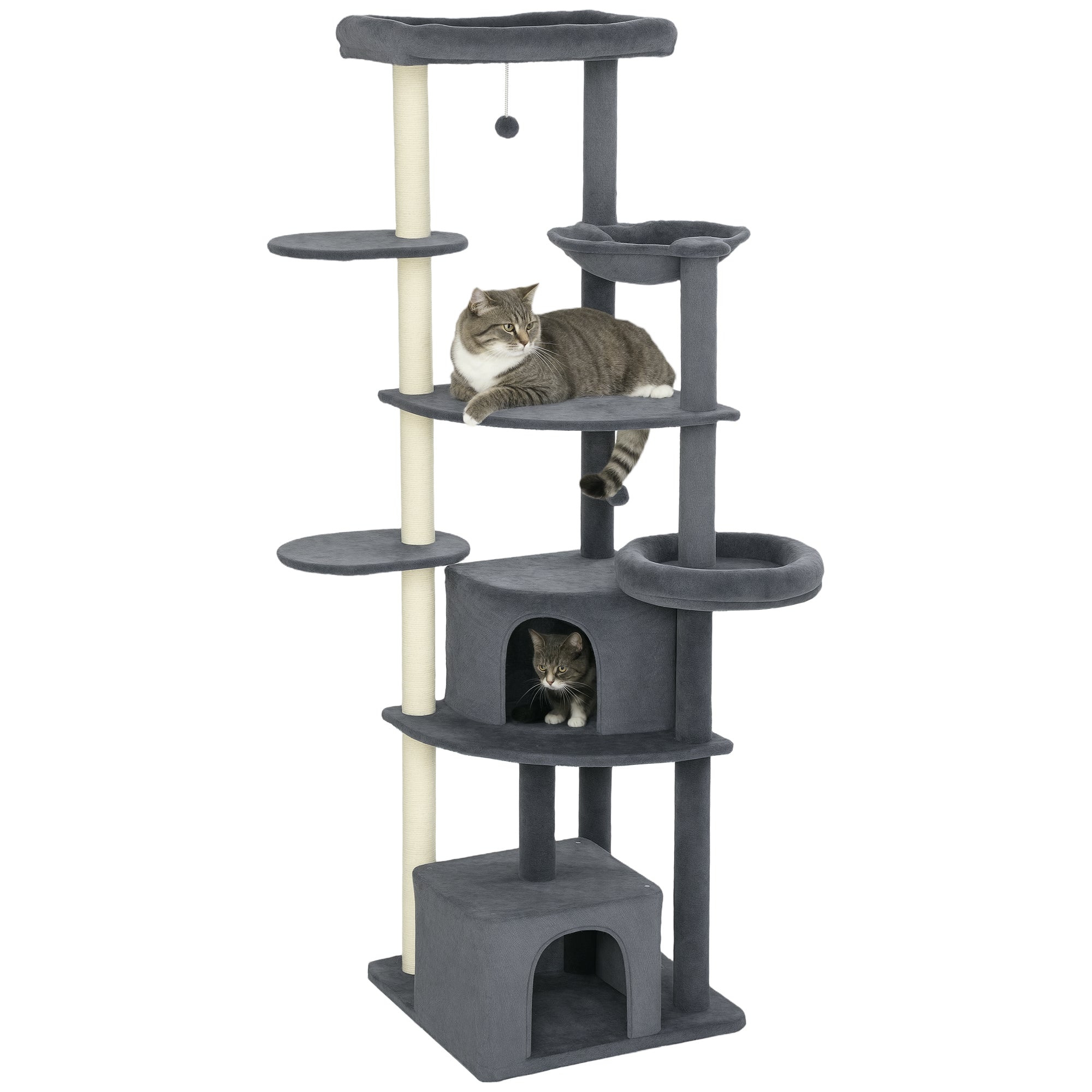 pawhut-arbre-chat-g-ant-79-avec-2-niches-2-perchoirs-et-hamac-gris-fonc image 1