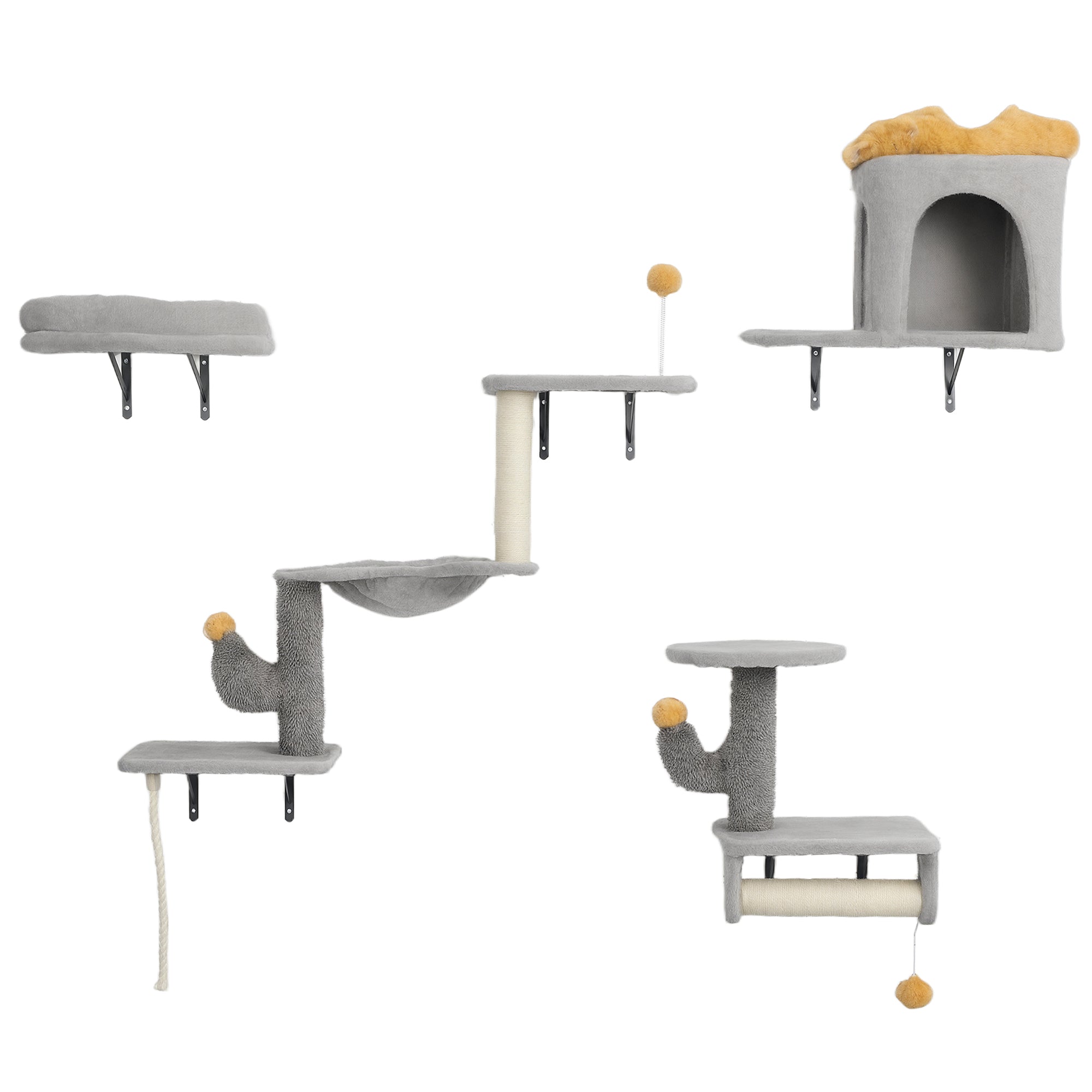 pawhut-set-4-tag-res-murales-pour-chat-avec-niche-hamac-lit-gris-clair image 2