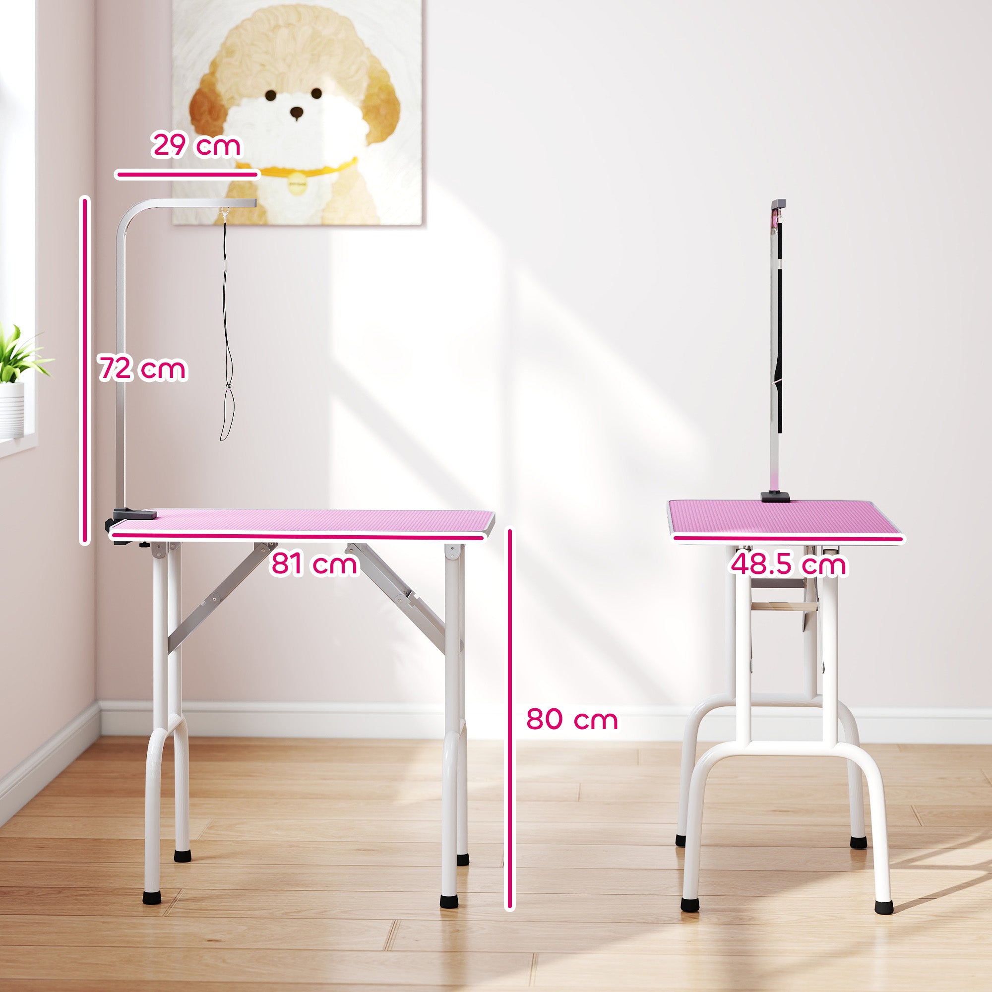 pawhut-table-de-toilettage-pliable-81-cm-rose-avec-bras-r-glable-et-dessus-antid image 5