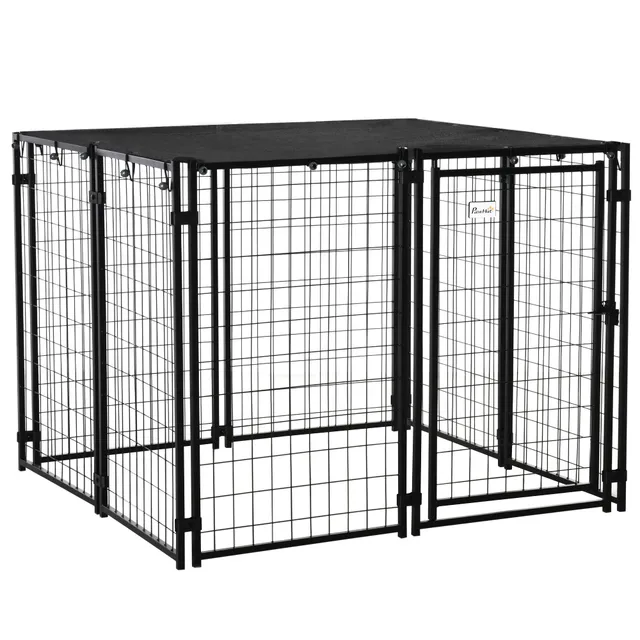 pawhut-enclos-chenil-chien-ext-rieur-avec-b-che-et-porte-verrouillable-noir image 1