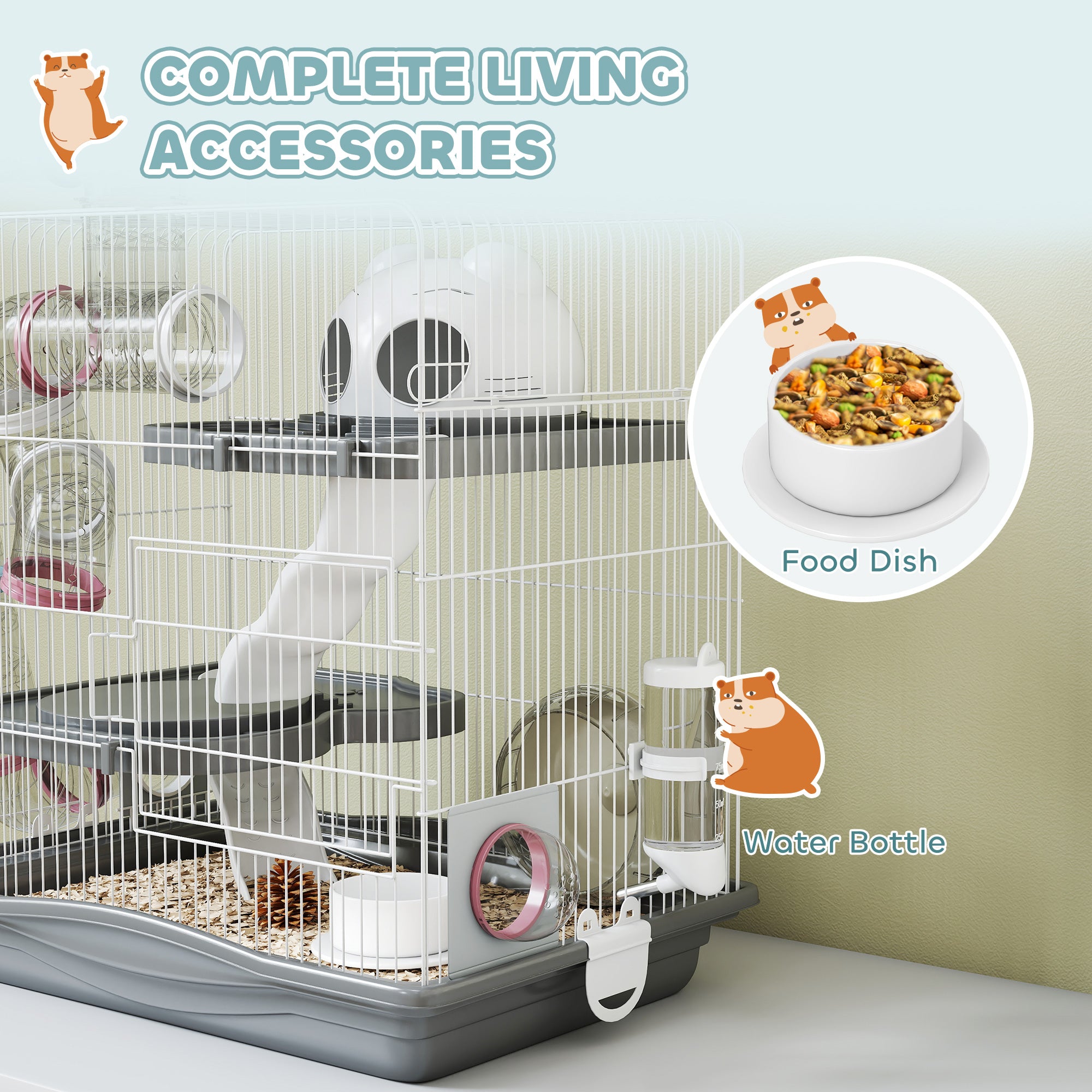 pawhut-cage-hamster-3-tages-avec-roue-tunnels-et-biberon-45-x-30-x-45-cm-gris image 8