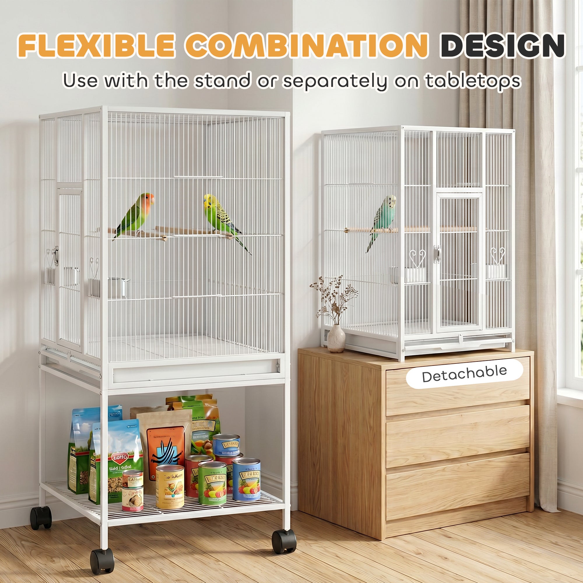 pawhut-cage-oiseaux-d-tachable-sur-roulettes-avec-tag-re-blanc image 7