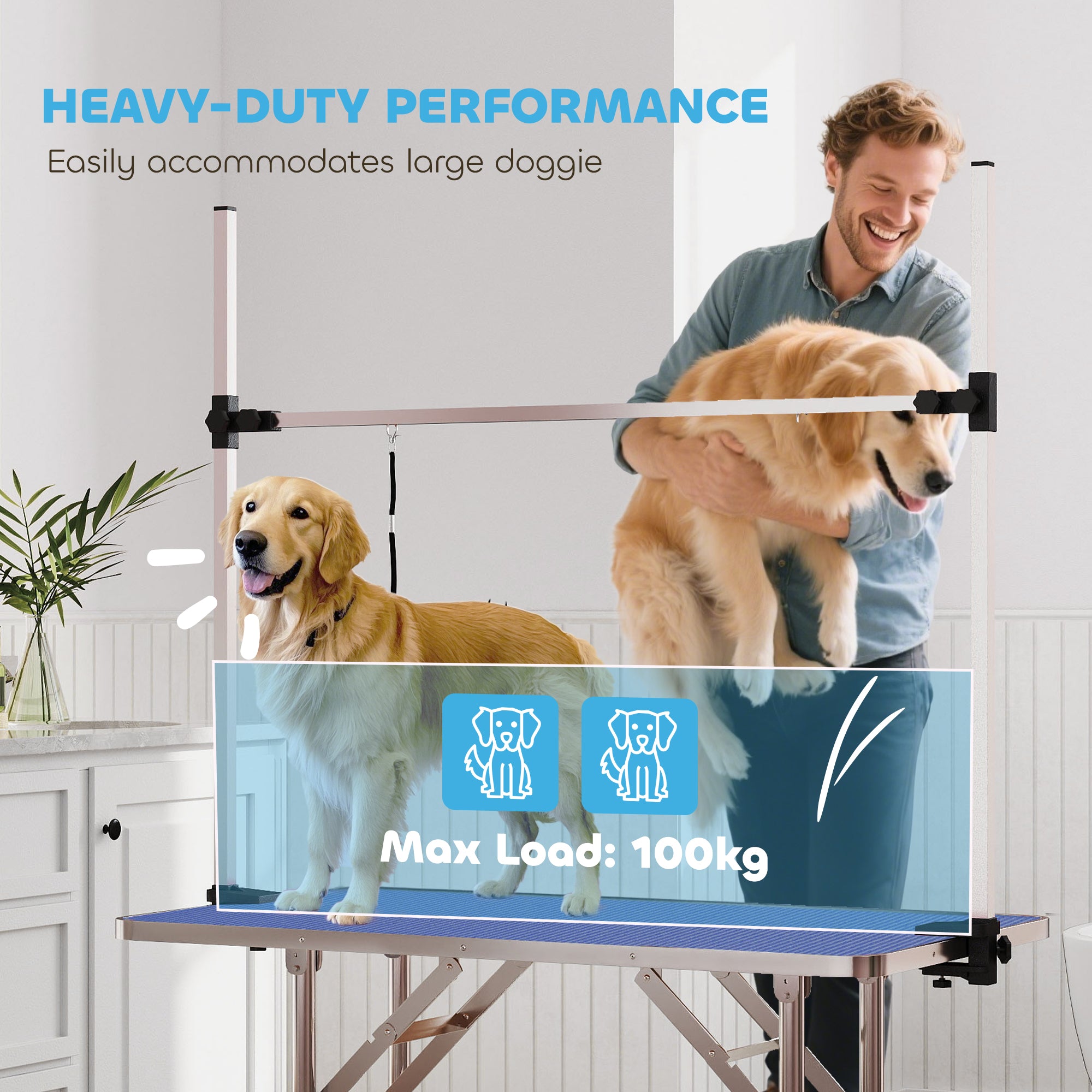 pawhut-table-de-toilettage-pliable-107x60x170cm-plateau-caoutchouc-bleu image 6