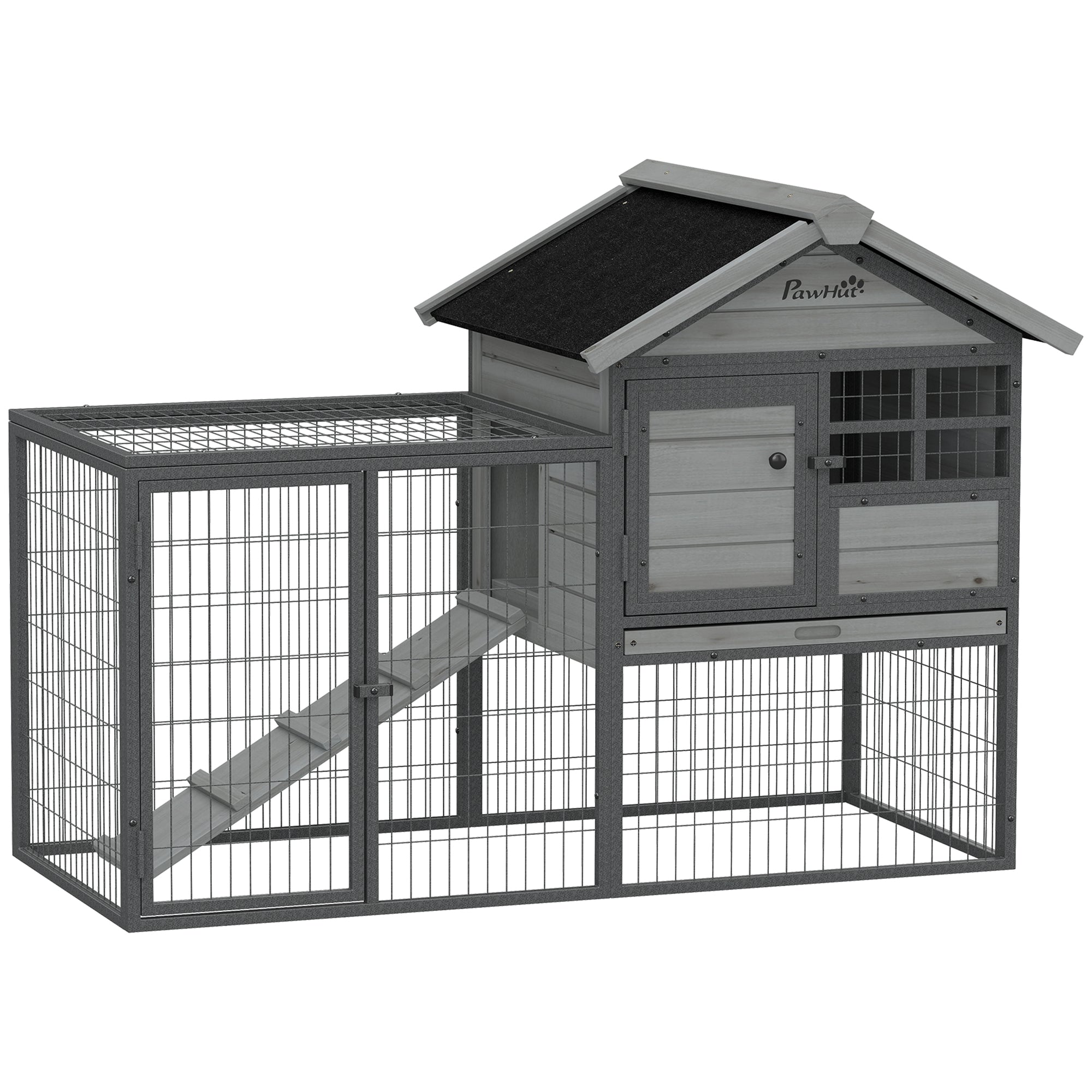 pawhut-clapier-ext-rieur-48-avec-parc-toit-asphalte-et-bac-amovible-gris image 1