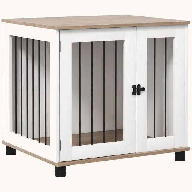 pawhut-cage-meuble-marron-pour-chiens-petits-et-moyens-avec-double-porte image 1