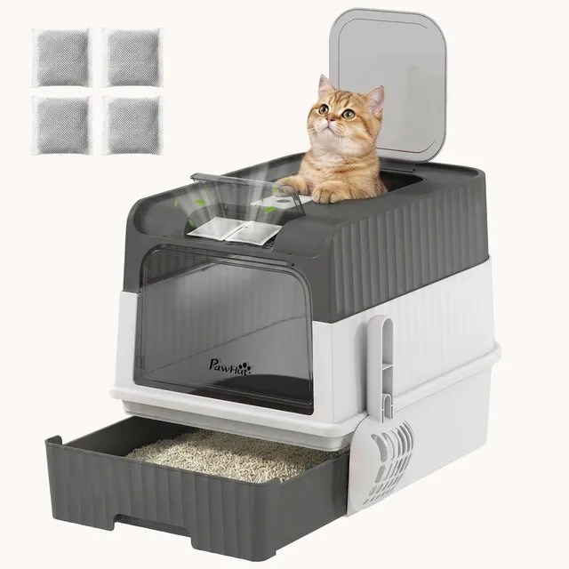 pawhut-bac-liti-re-pour-chat-ferm-avec-tiroir-pelle-et-sortie-sup-rieure-gris image 1