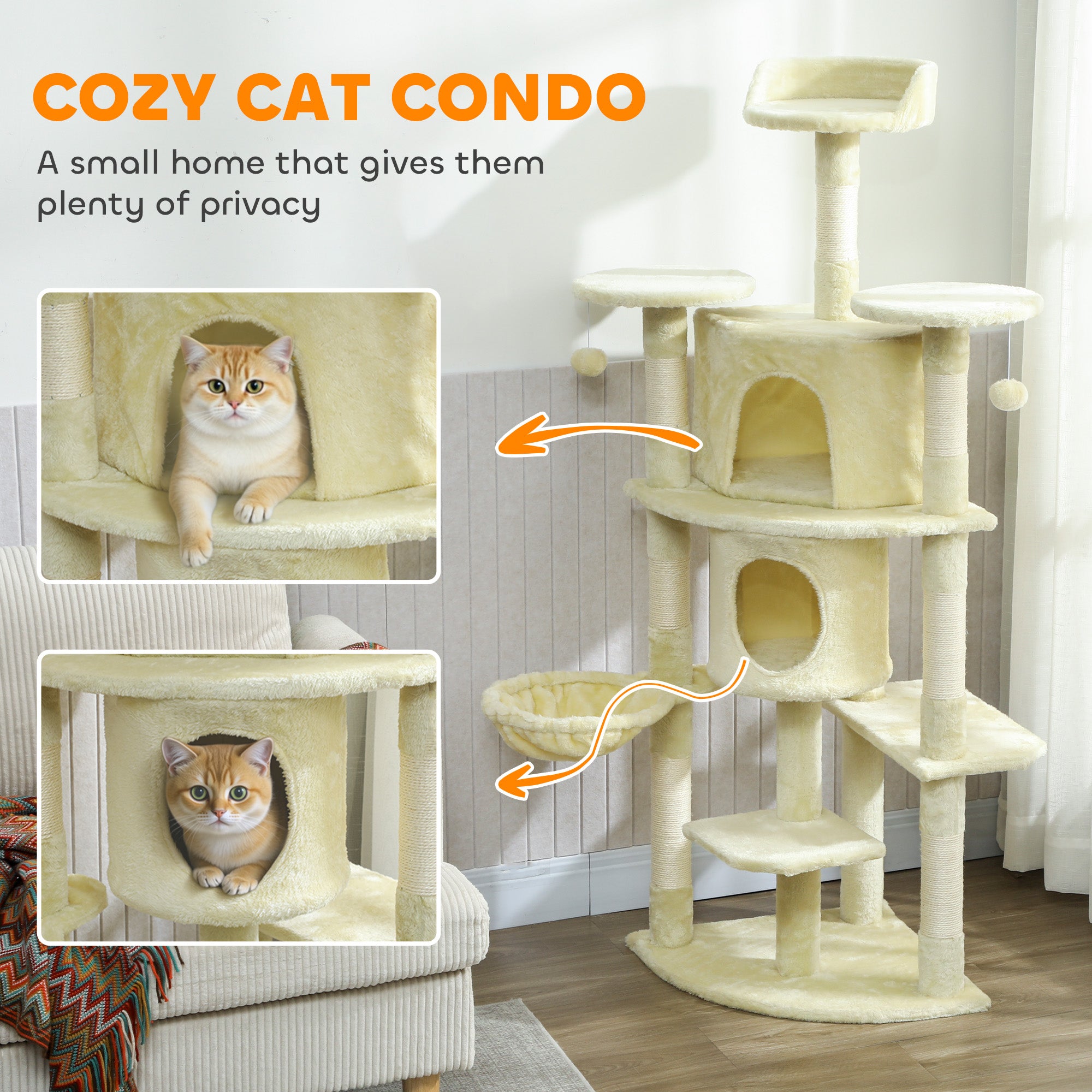 pawhut-arbre-chat-157-cm-2-niches-hamac-et-perchoirs-beige image 7