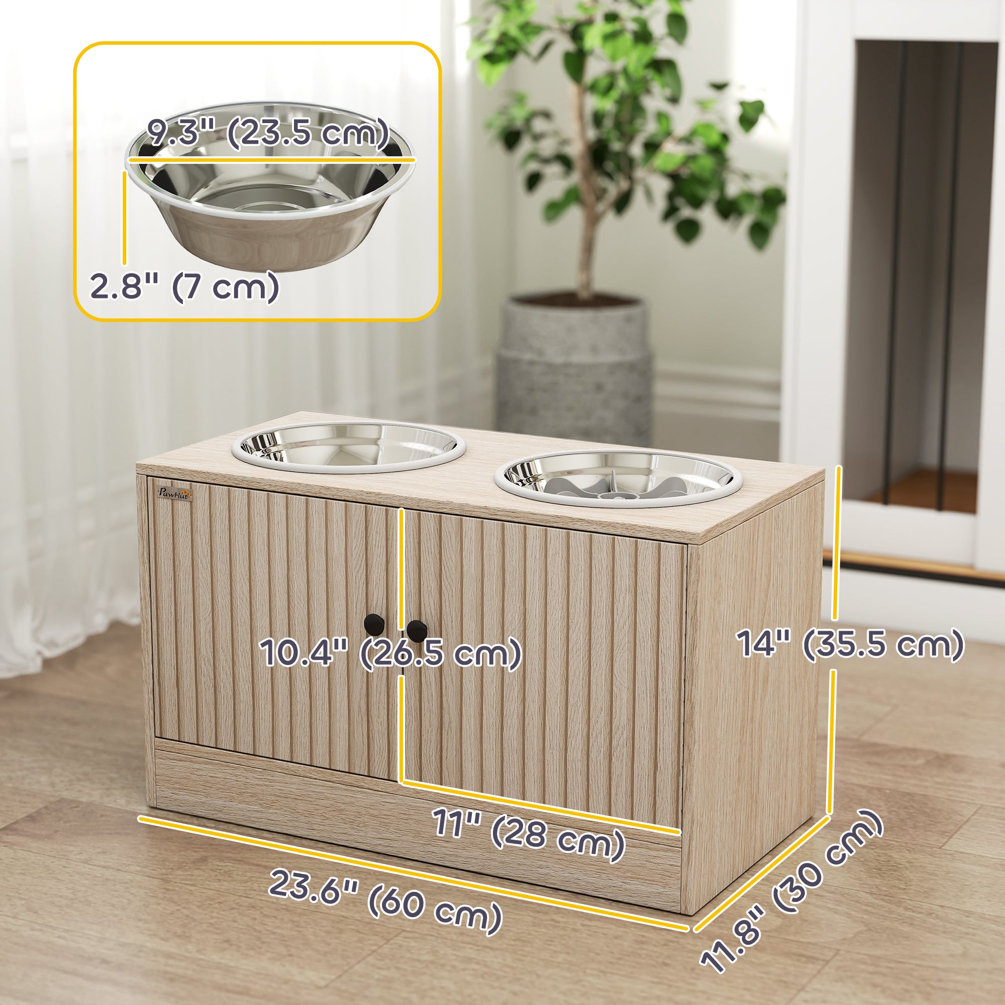 pawhut-gamelles-sur-lev-es-pour-chien-avec-meuble-ch-ne-et-2-bols-inox image 5