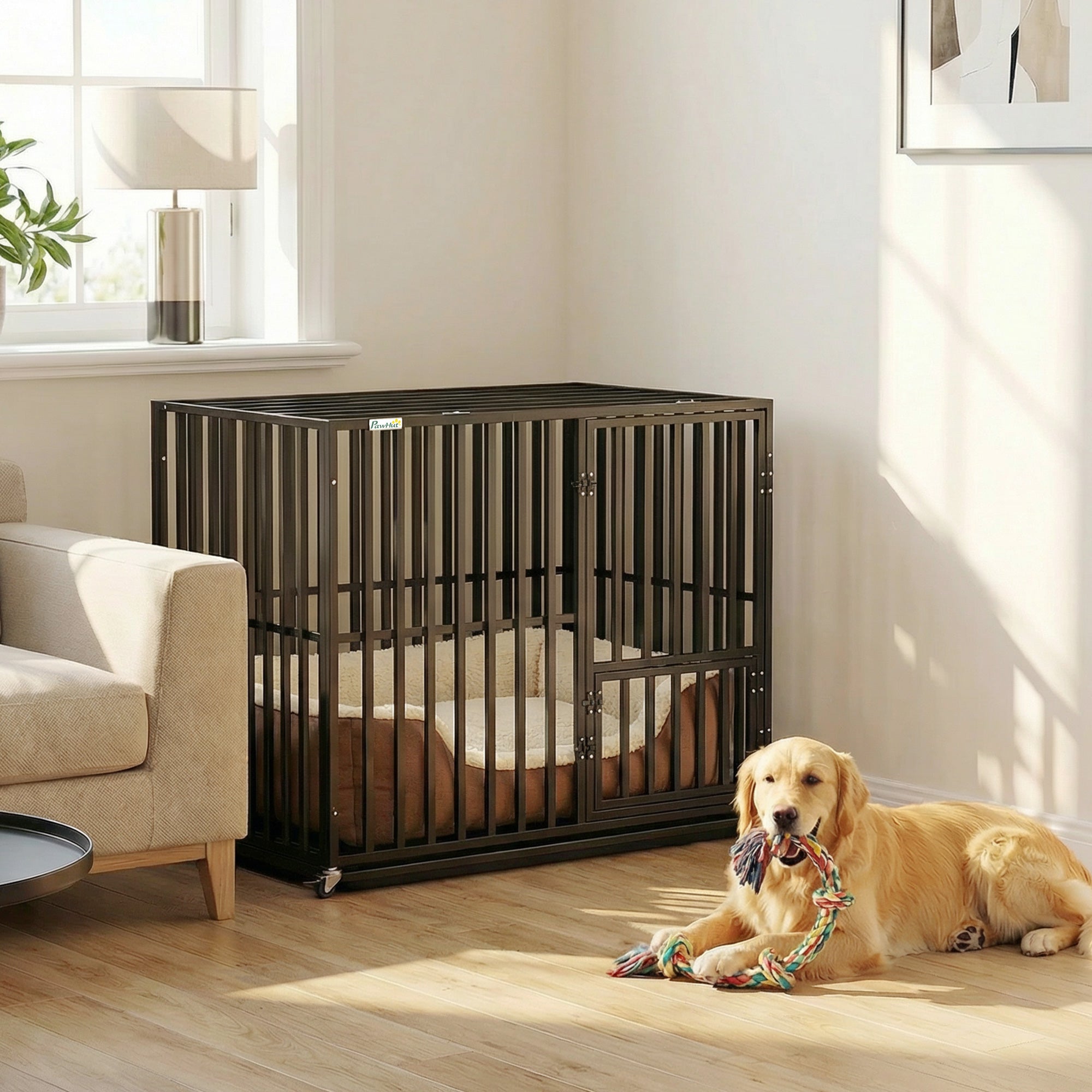pawhut-cage-chien-robuste-roulettes-avec-plateau-et-dessus-ouvert-95x57x81-cm-no image 3