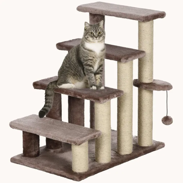 pawhut-escalier-pour-chat-4-marches-tapis-avec-griffoirs-et-balle-marron image 1