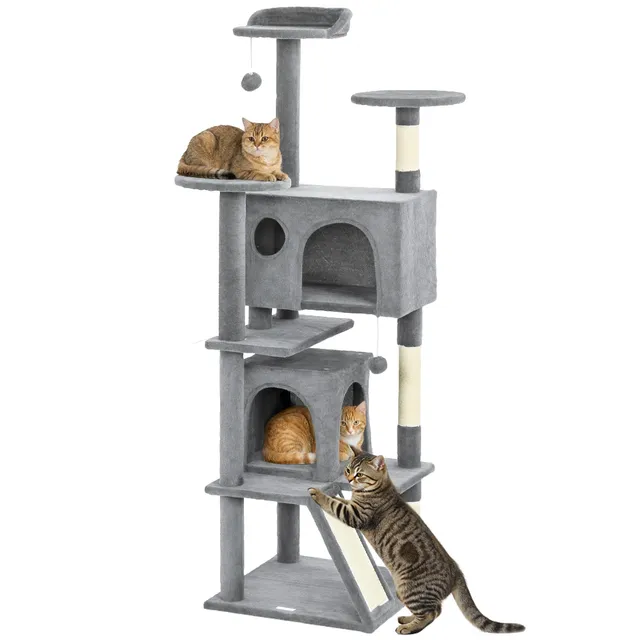 pawhut-arbre-chat-63-avec-condos-lit-rampe-et-griffoir-gris-clair image 1
