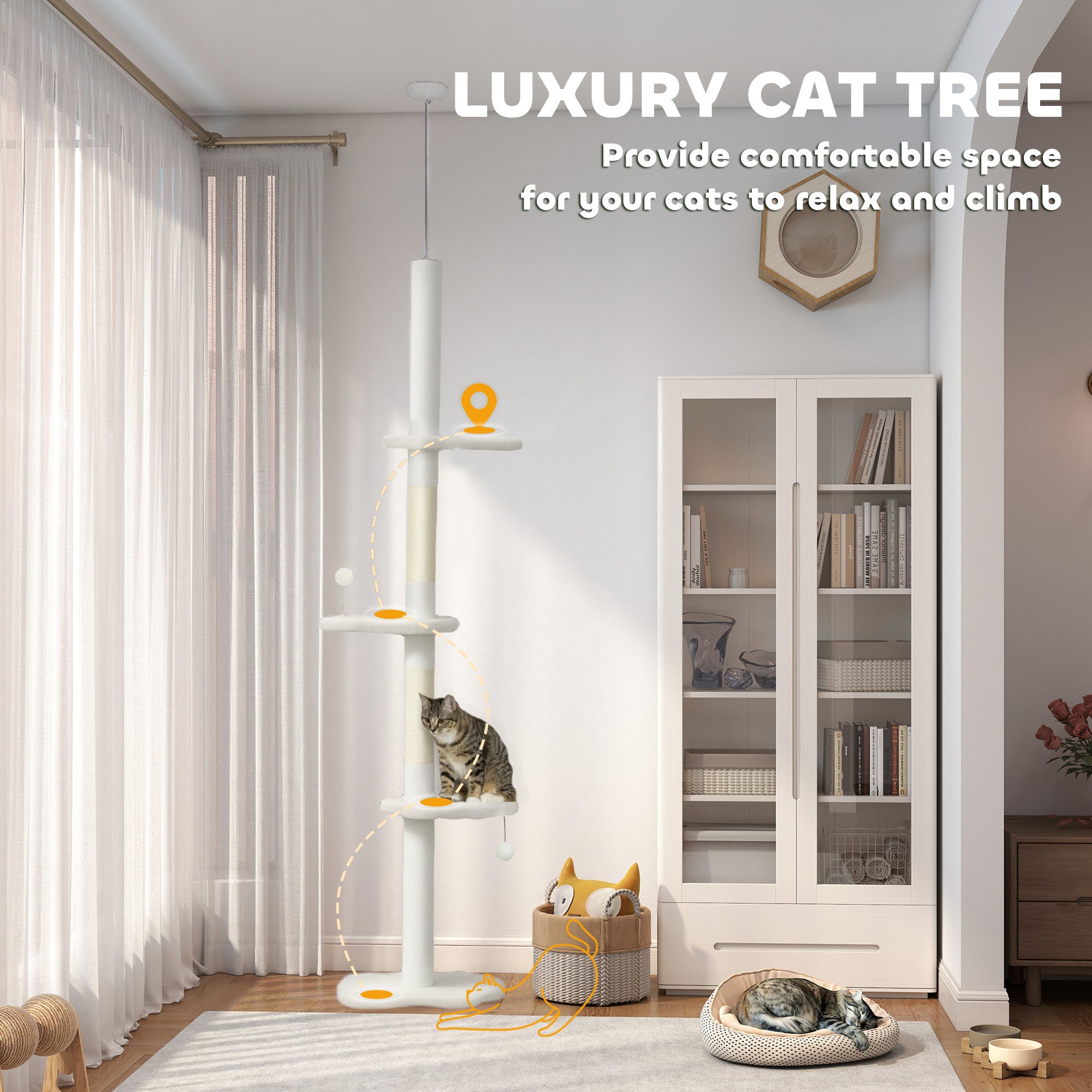 pawhut-arbre-chat-du-sol-au-plafond-r-glable-225-255-cm-3-perchoirs-nuage-beige image 6