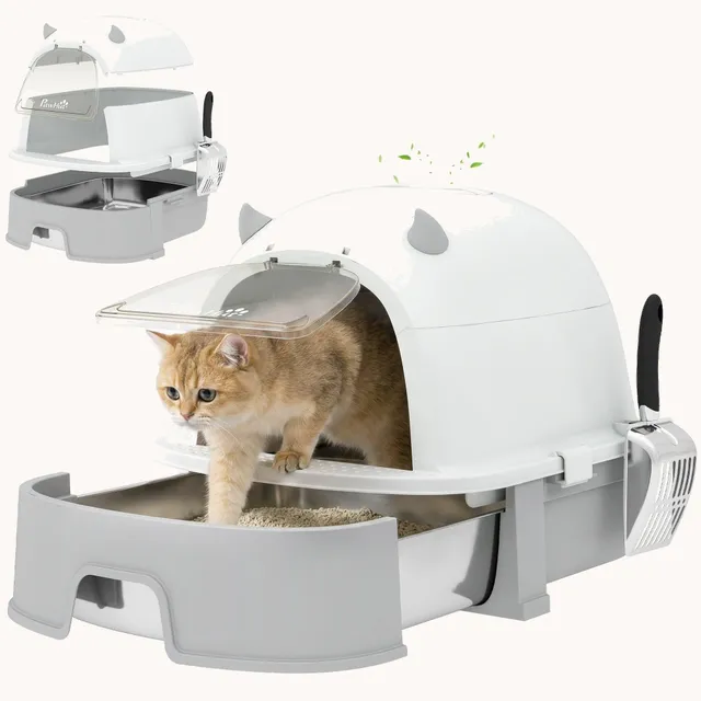 pawhut-bac-liti-re-chat-inox-avec-couvercle-gris-tiroir-coulissant-et-filtre-car image 1