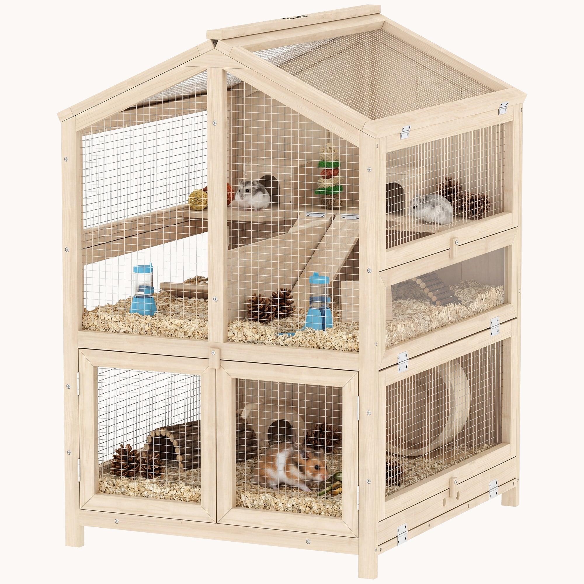 pawhut-cage-hamster-en-bois-3-tages-26-8-avec-s-parateur-toboggans-et-cabanes-na image 1