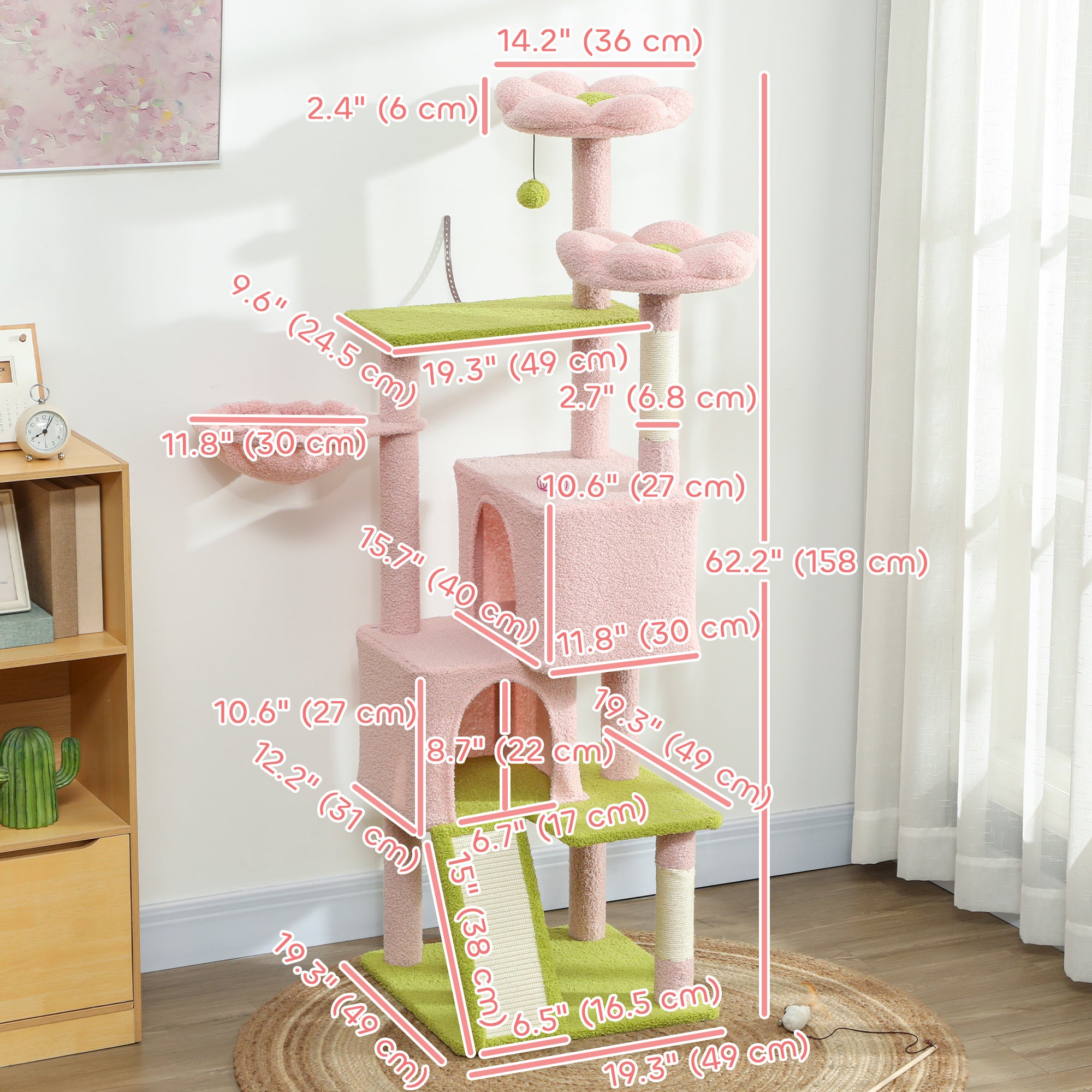 pawhut-arbre-chat-fleur-157-cm-62-2-niches-2-couches-et-hamac-rose image 5