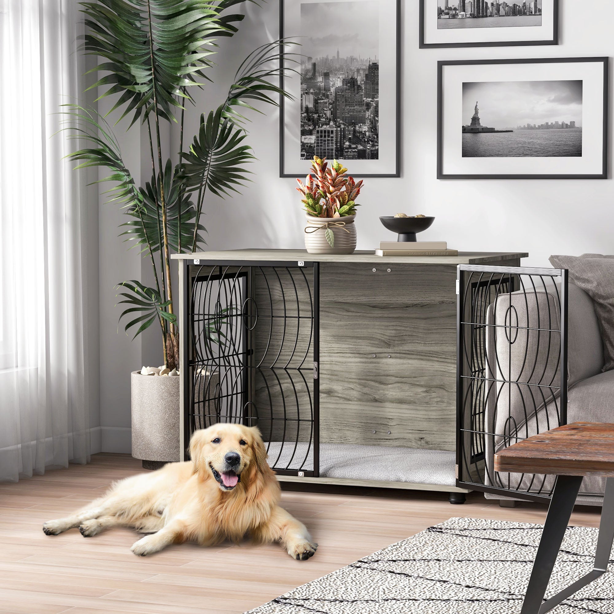 pawhut-niche-caisse-pour-chien-table-d-appoint-100x60x74-cm-avec-coussin-gris image 3