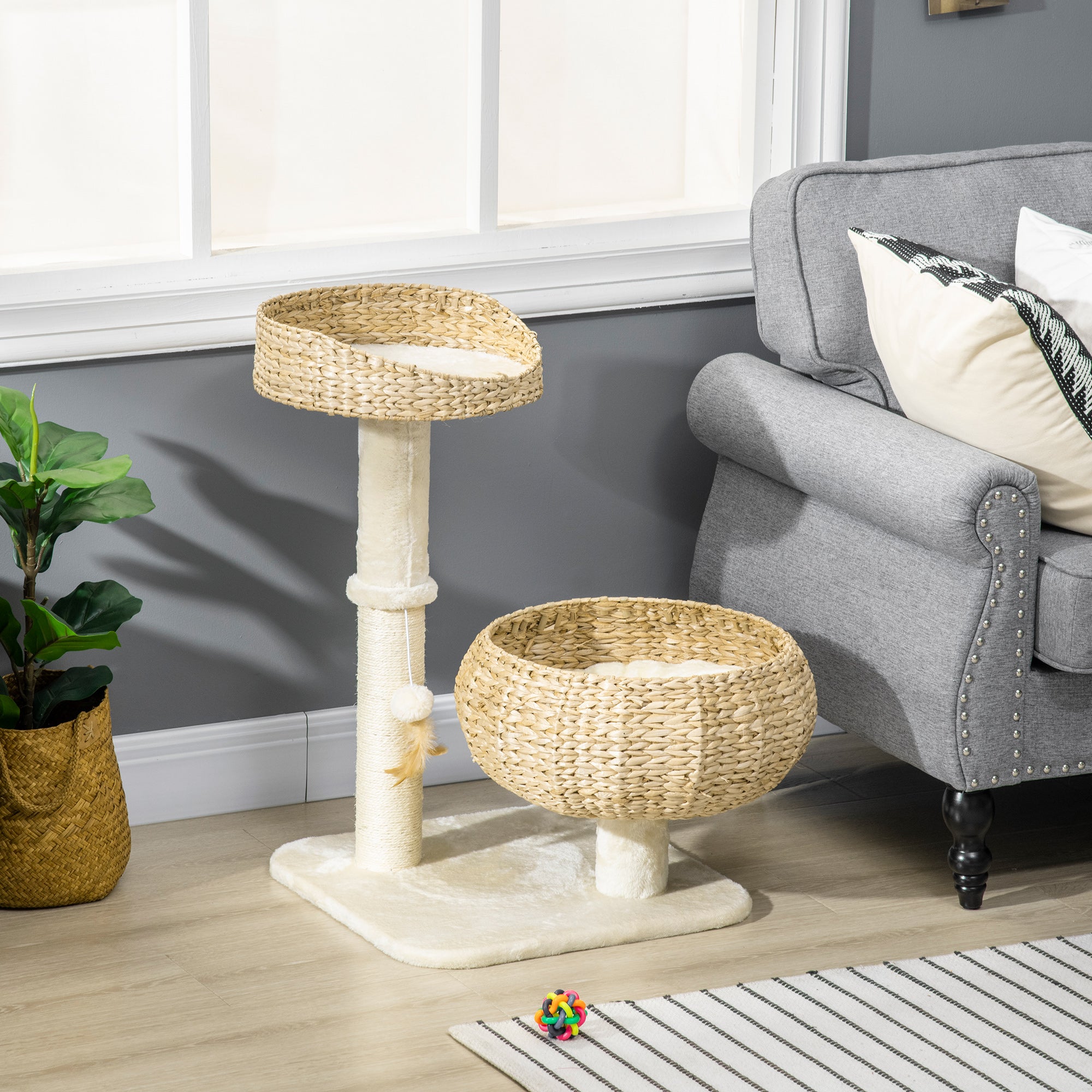 pawhut-arbre-chat-maison-paille-tress-e-72-cm-avec-griffoirs-et-coussins image 4