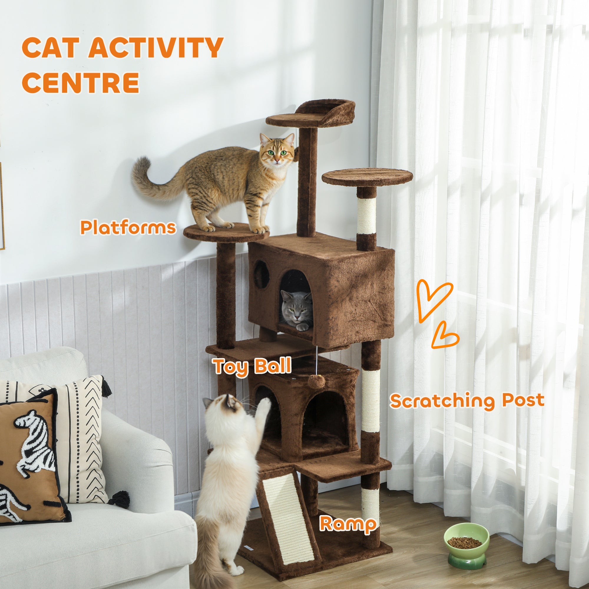 pawhut-arbre-chat-160-cm-avec-2-niches-lit-rampe-et-griffoirs-marron-clair image 6