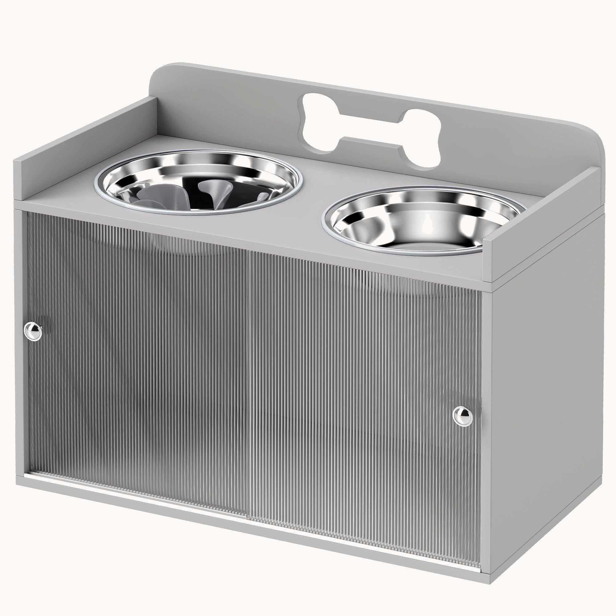pawhut-gamelle-sur-lev-e-pour-grand-chien-gris-avec-rangement-2-bols-inox image 2