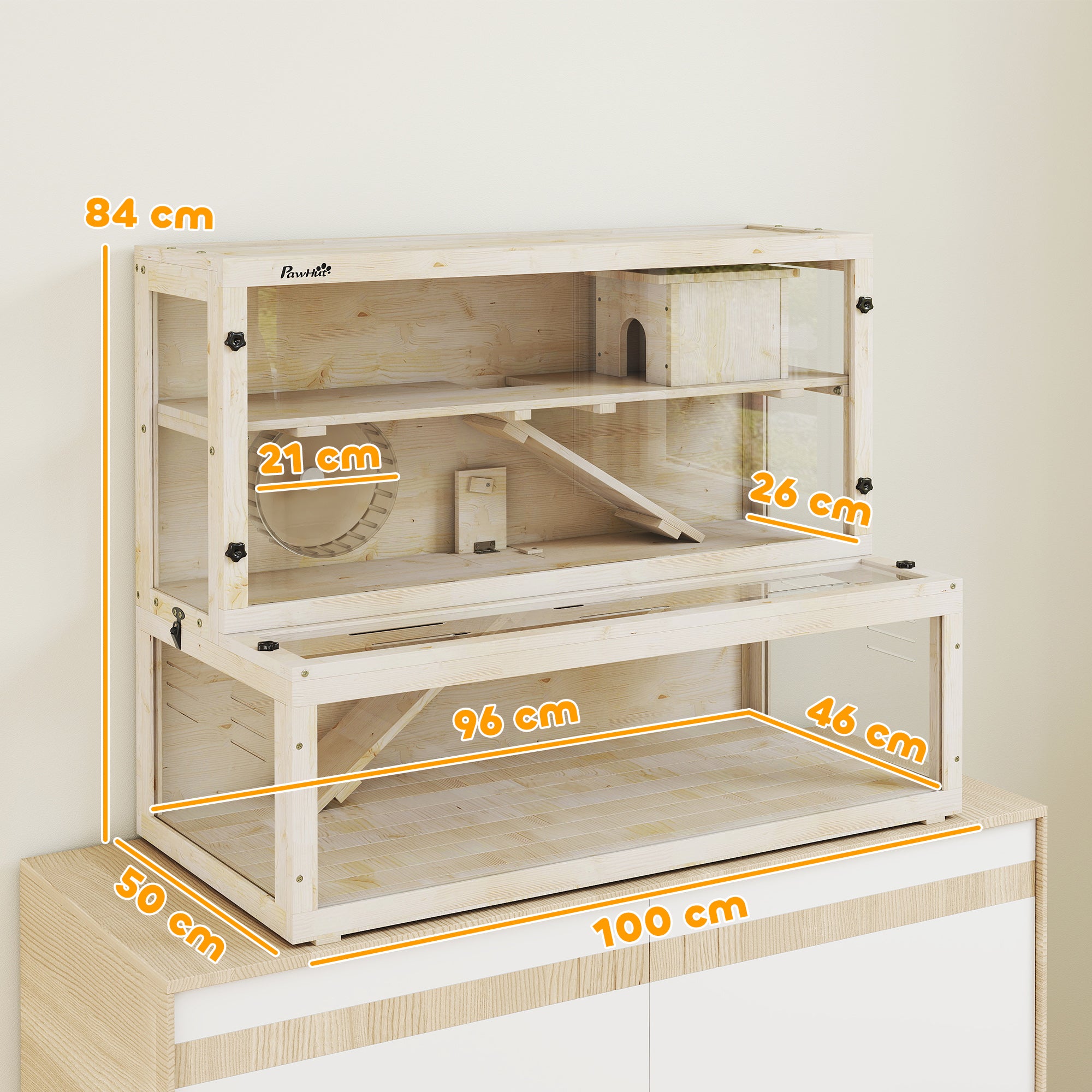 pawhut-cage-hamster-bois-100-x-50-x-84-cm-3-tages-avec-roue-et-rampes image 5