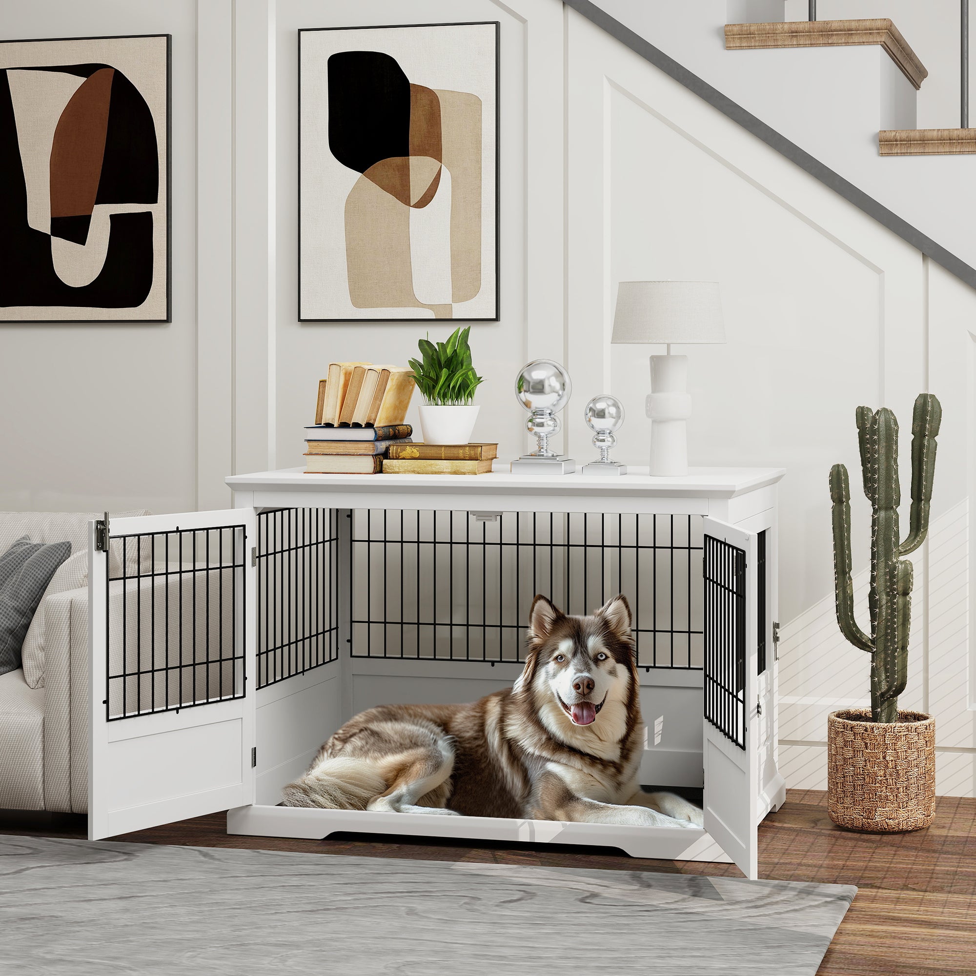pawhut-cage-meuble-chien-xl-3-portes-avec-tiroir-blanc image 4