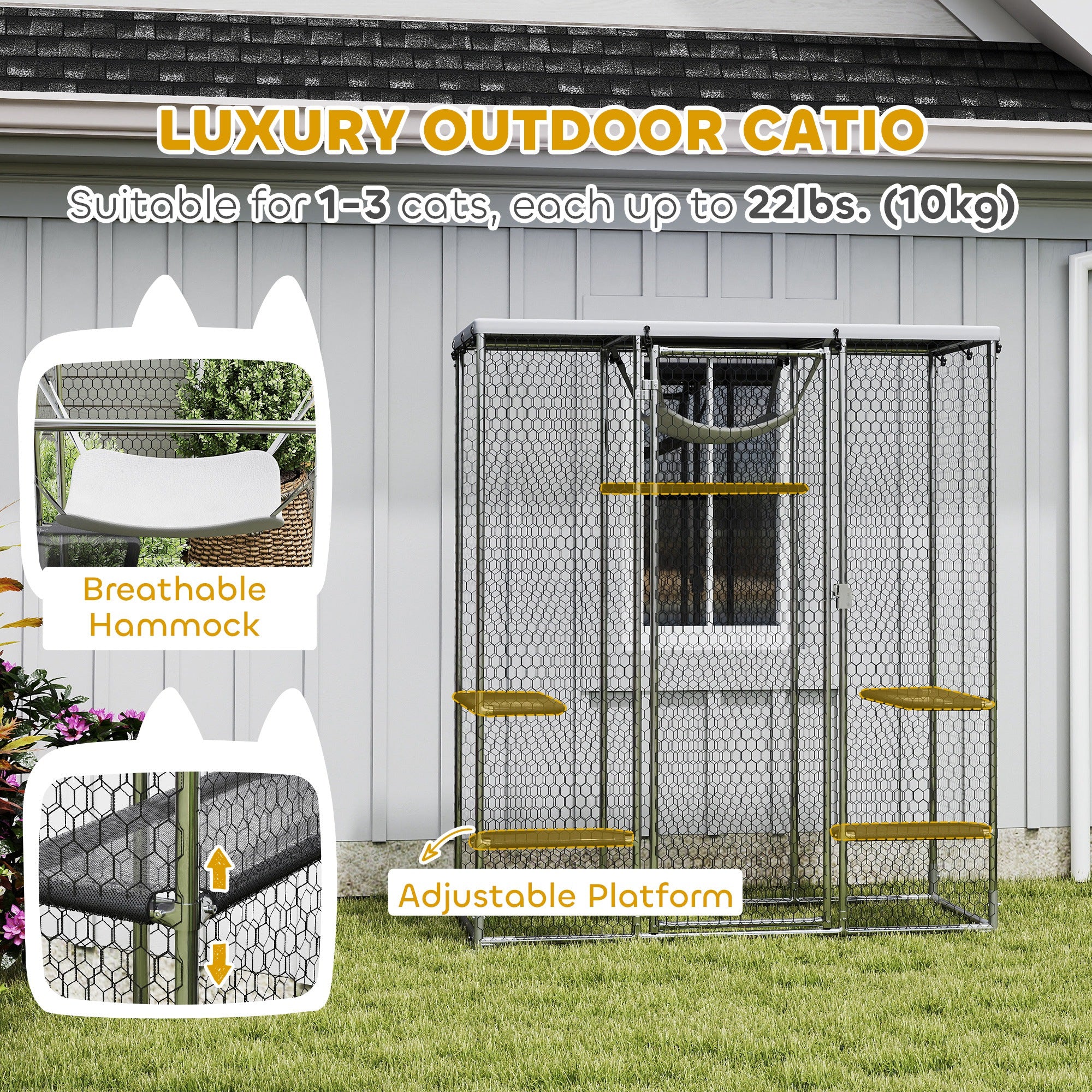 pawhut-catio-ext-rieur-m-tal-avec-5-plateformes-hamac-et-b-che-argent image 6