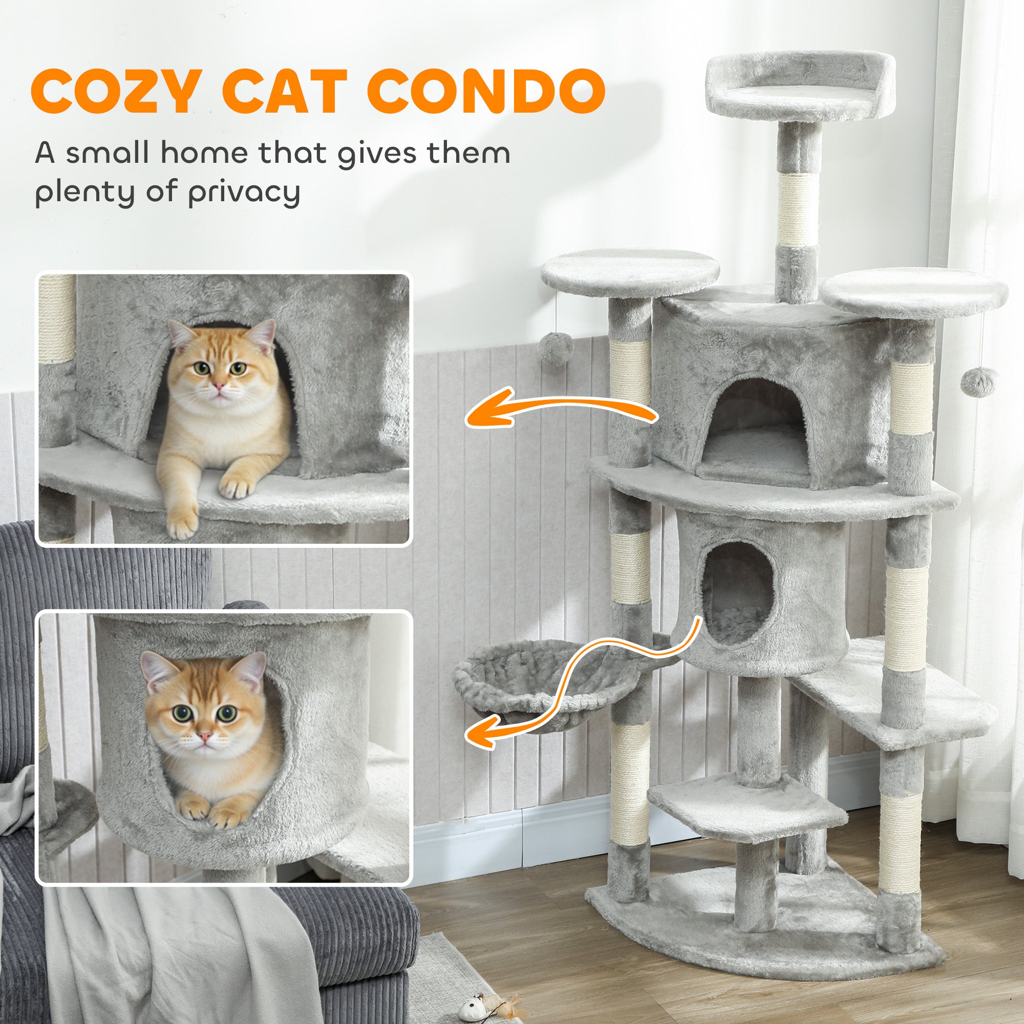 pawhut-arbre-chat-157-cm-62-avec-2-niches-hamac-et-perchoirs-gris-clair image 7