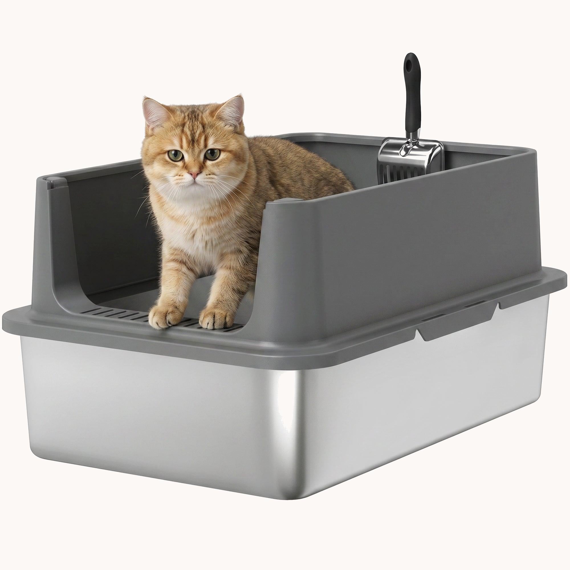 pawhut-bac-liti-re-chat-xl-inox-bords-hauts-avec-pelle-60-x-40-x-30-cm-gris-fonc image 1