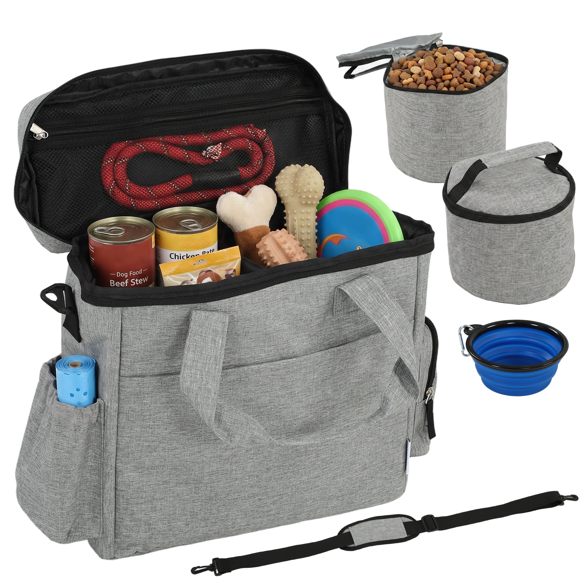 pawhut-sac-de-voyage-pour-chien-avec-2-bo-tes-repas-et-gamelle-pliable-gris-clai image 1