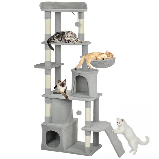 pawhut-grand-arbre-chat-170-cm-7-griffoirs-tunnel-2-niches-hamac-gris-clair image 1