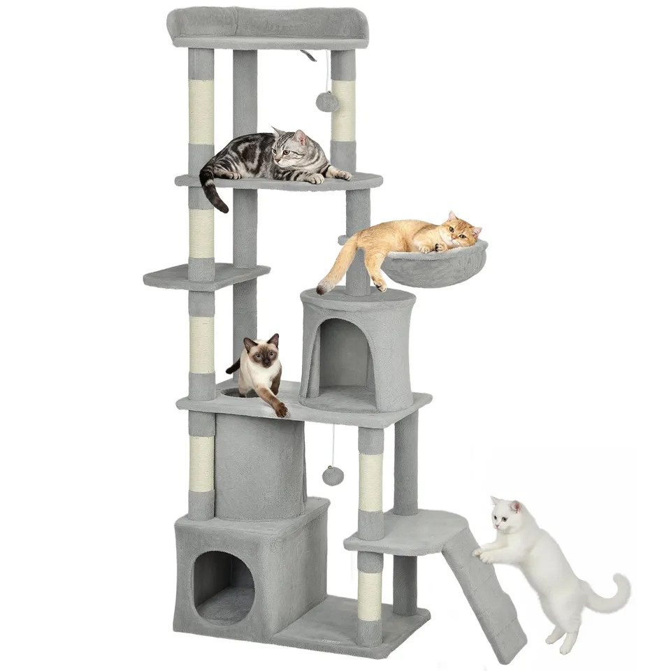 pawhut-grand-arbre-chat-170-cm-7-griffoirs-tunnel-2-niches-hamac-gris-clair image 1