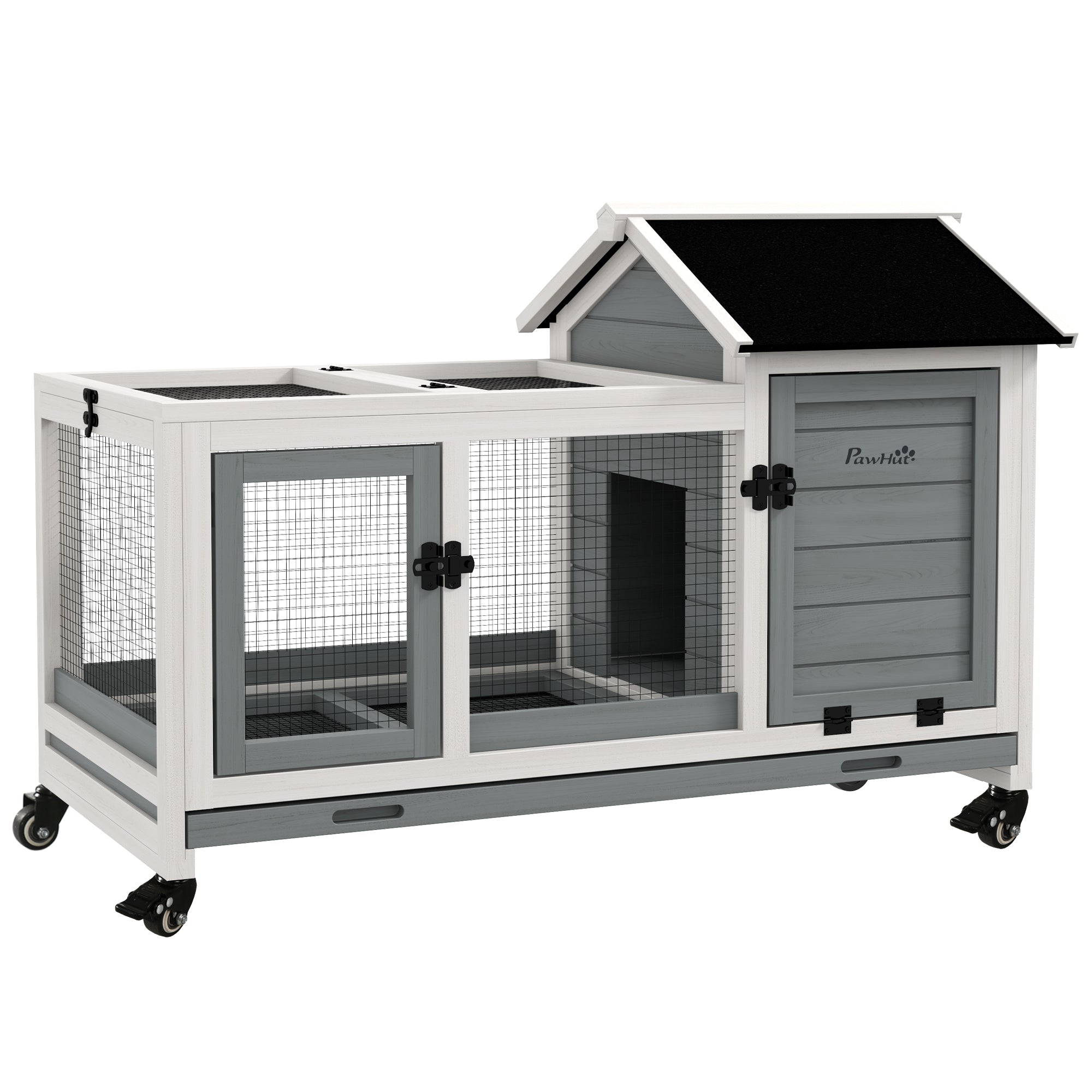 pawhut-clapier-lapins-mobile-en-bois-avec-enclos-gris image 1