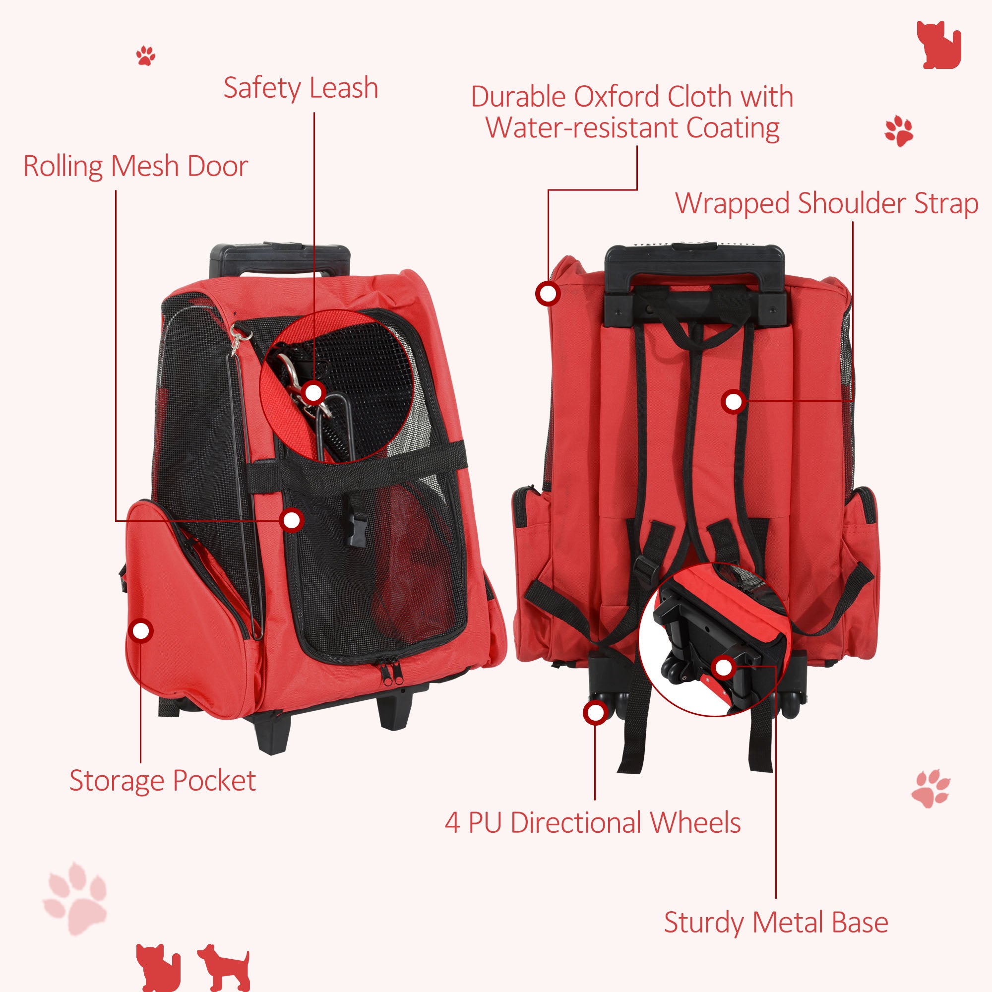 pawhut-sac-dos-transport-chat-roulettes-trolley-t-lescopique-42-x-25-x-55-cm-rou image 8