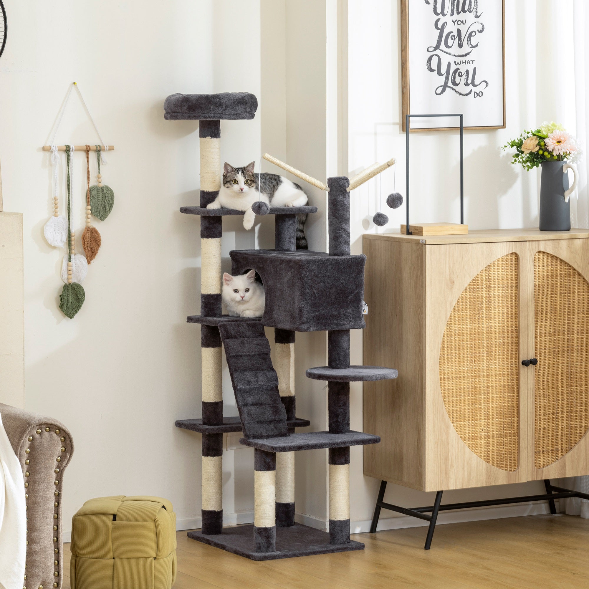 pawhut-arbre-chat-multi-niveaux-59-avec-niche-et-chelle-gris-fonc image 3