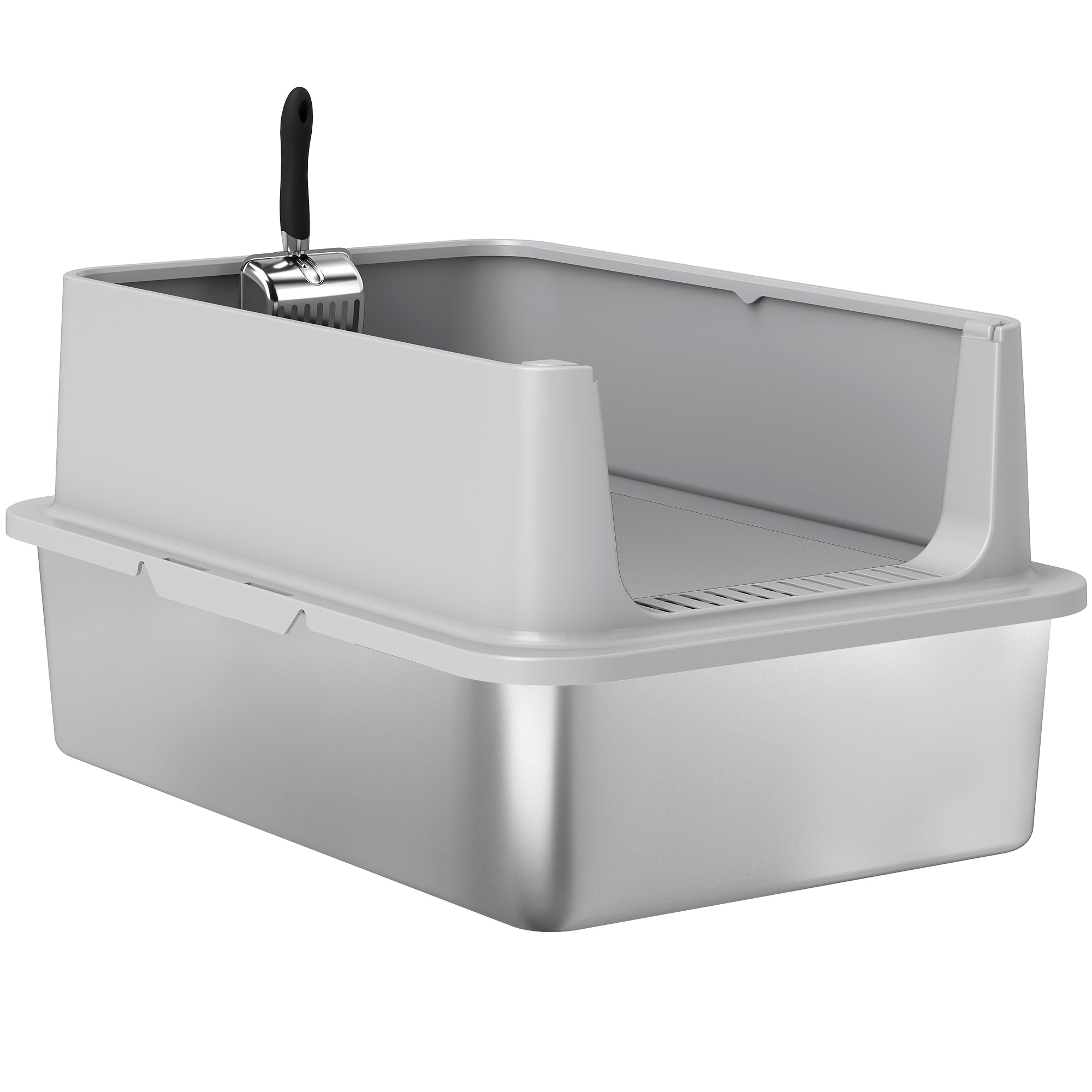 pawhut-bac-liti-re-chat-xl-inox-avec-pelle-et-marche-avant-gris image 2