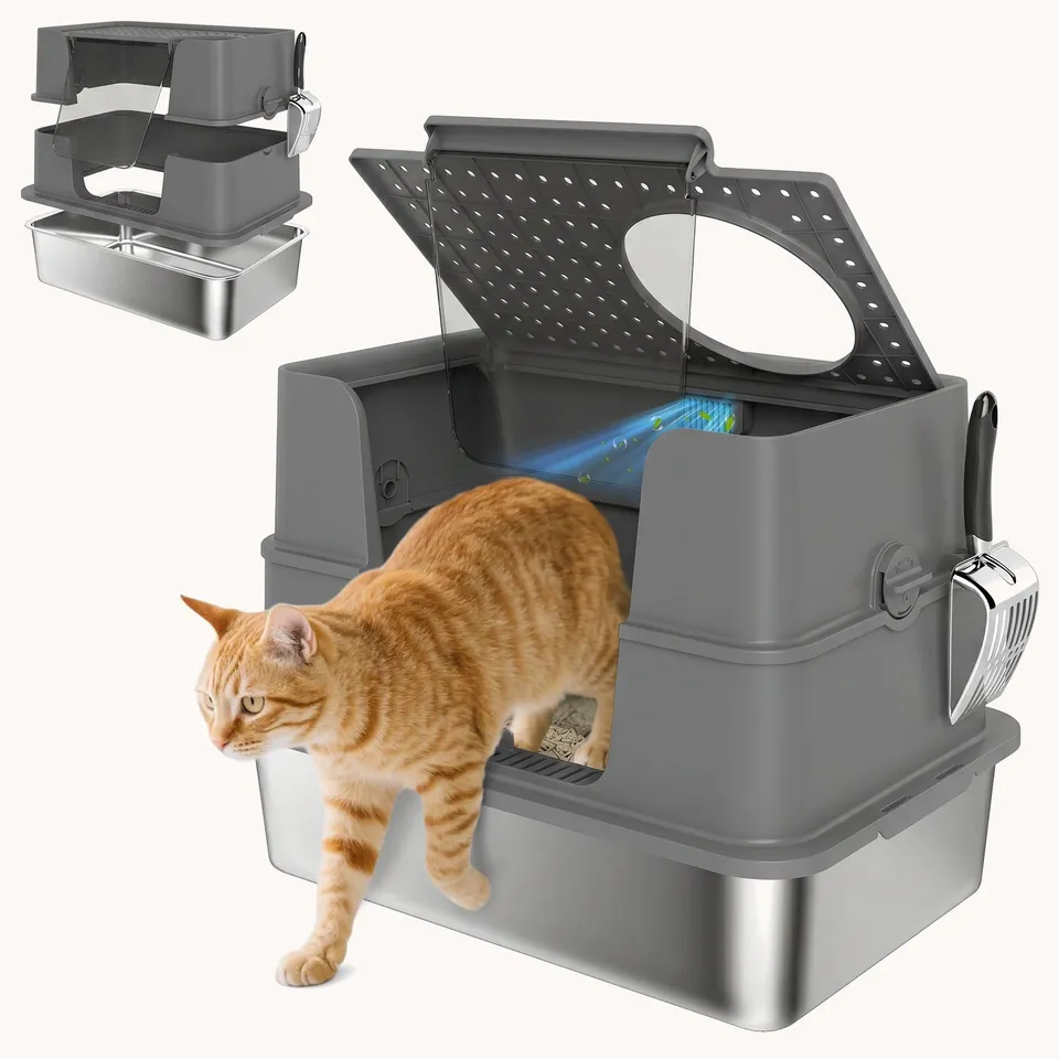pawhut-bac-liti-re-xl-ferm-inox-avec-couvercle-100-et-pelle-gris-fonc image 1