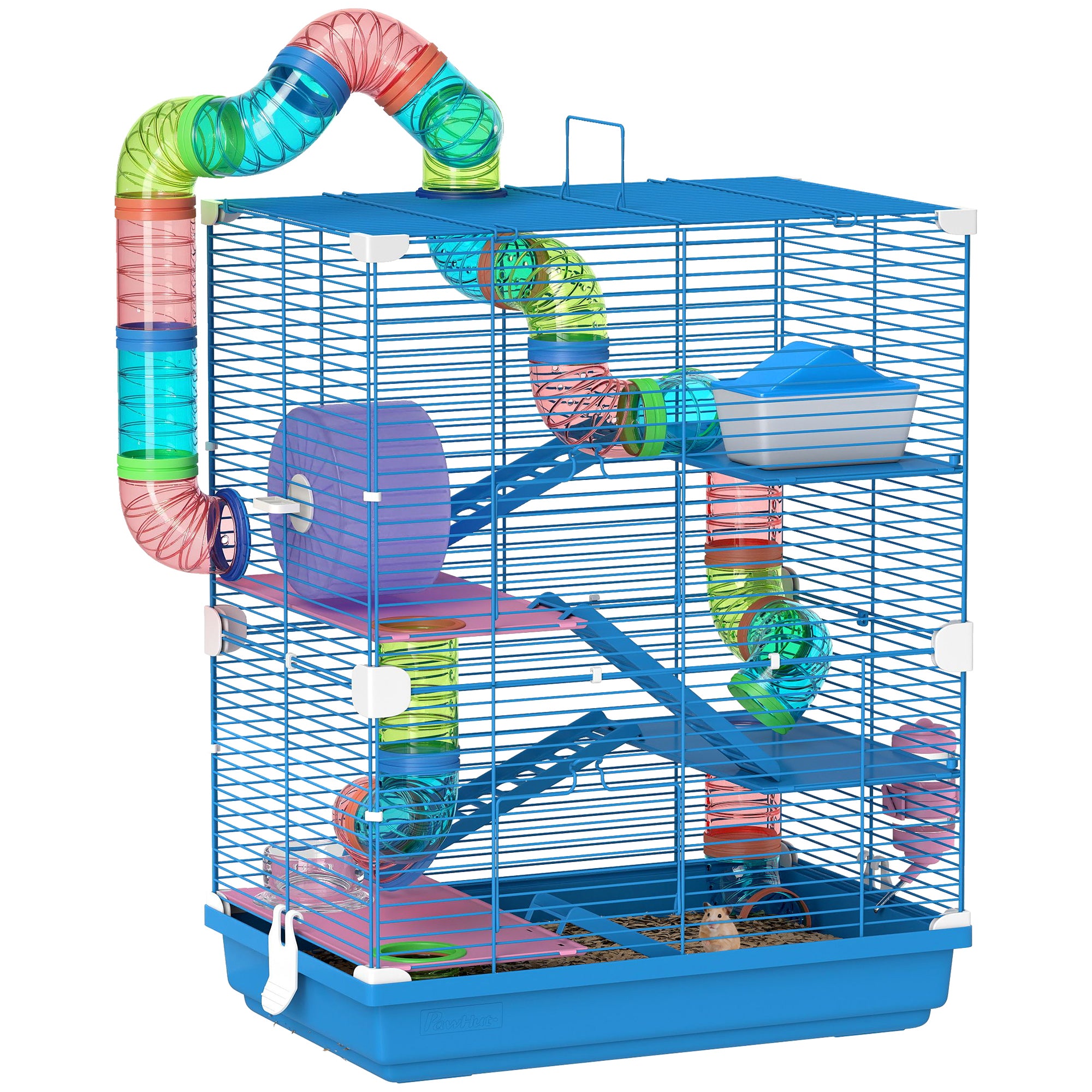 pawhut-cage-hamster-5-tages-tunnels-roue-bleu image 1